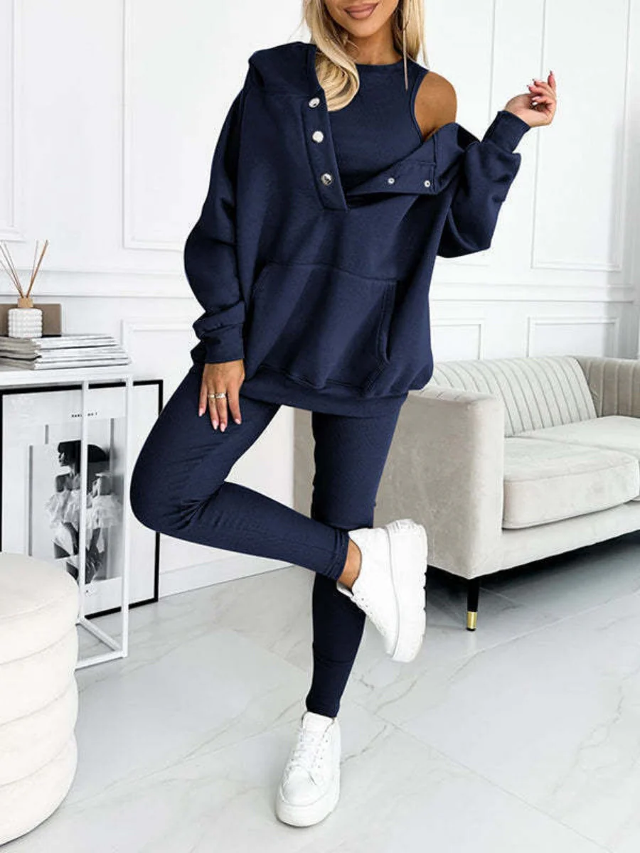 Sporty Casual Hoodie Sweatshirt, Ribbed Slim Fit Vest And Pants Three-piece Set - Image 9