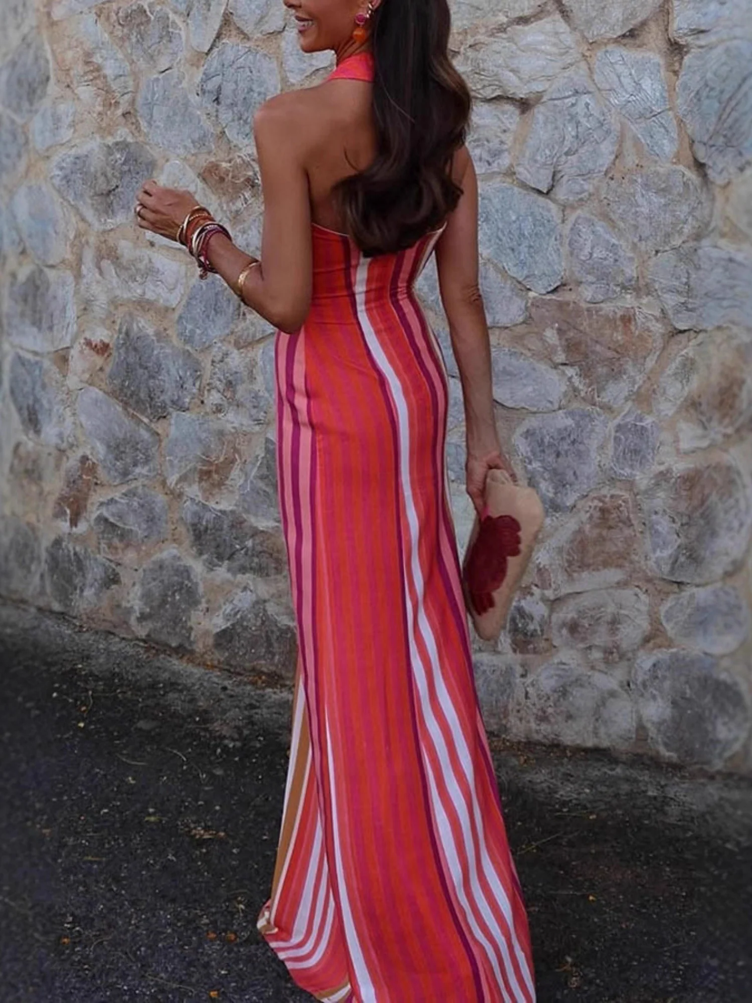 Stripes Cross-neck Sleeveless Fit Maxi Dresses - Image 2