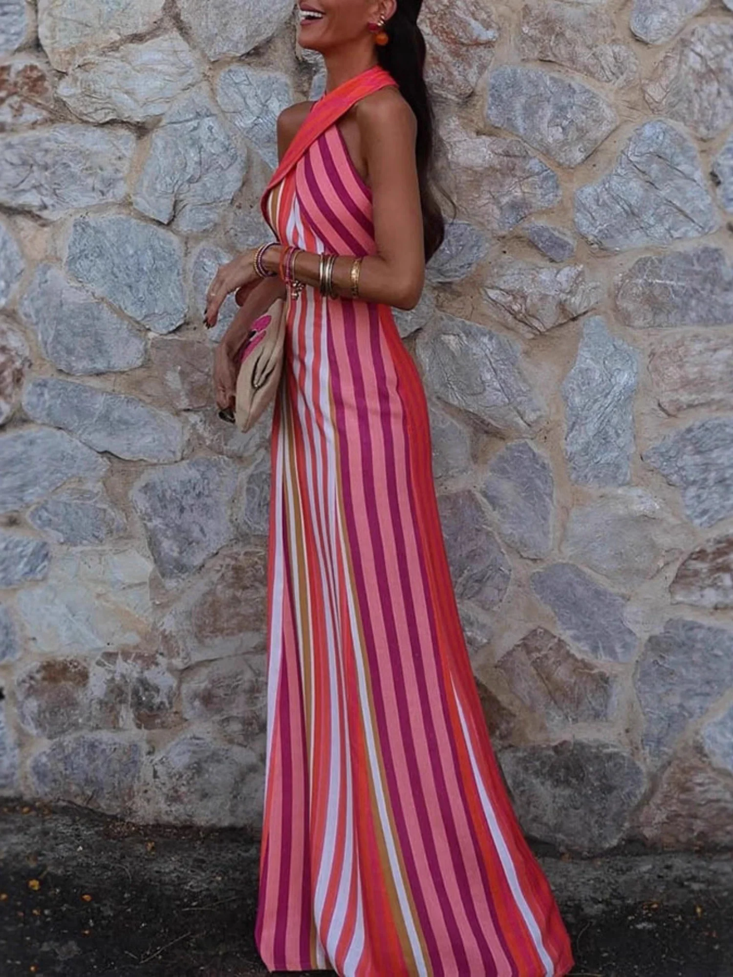 Stripes Cross-neck Sleeveless Fit Maxi Dresses - Image 3