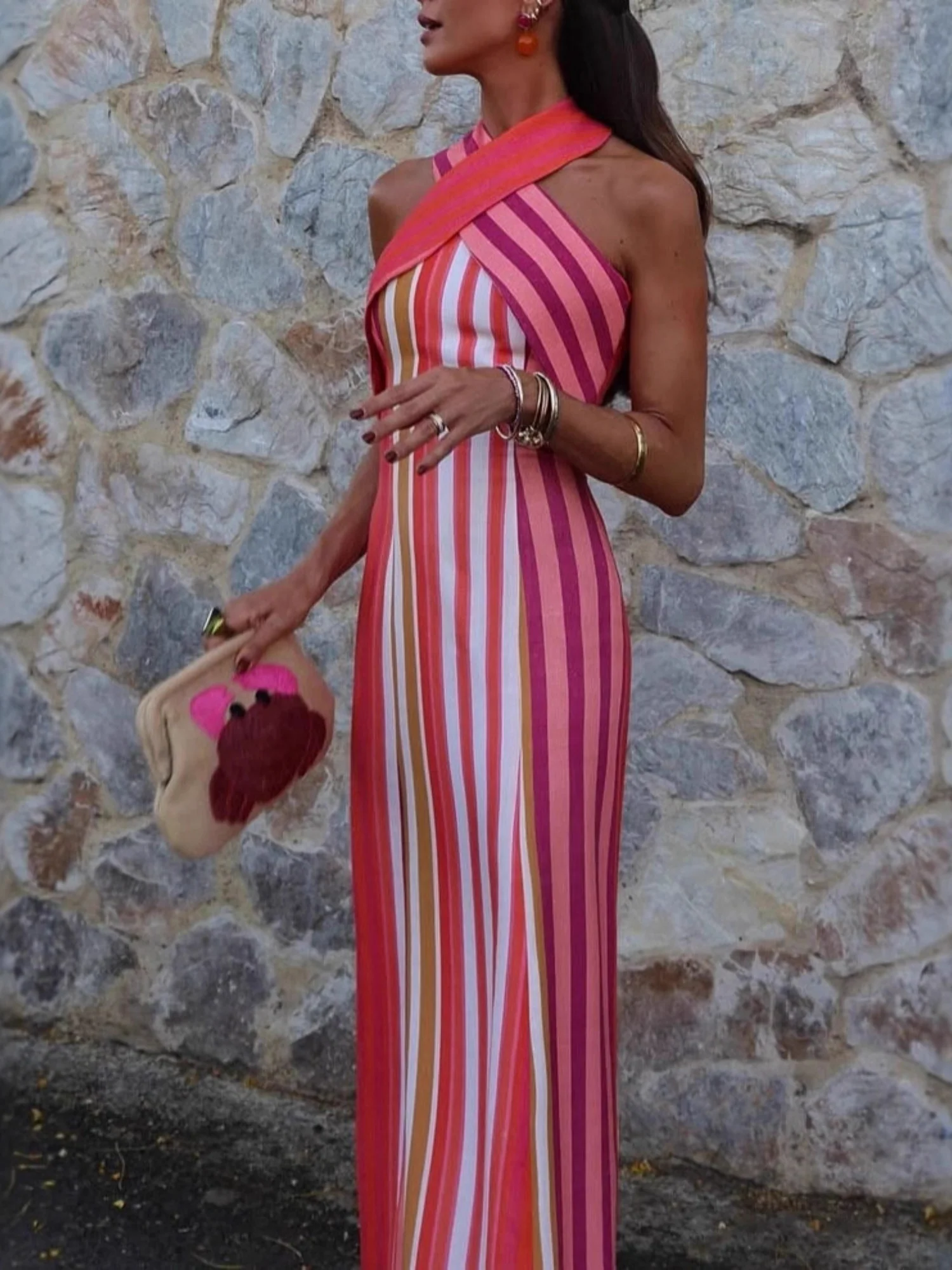 Stripes Cross-neck Sleeveless Fit Maxi Dresses - Image 4