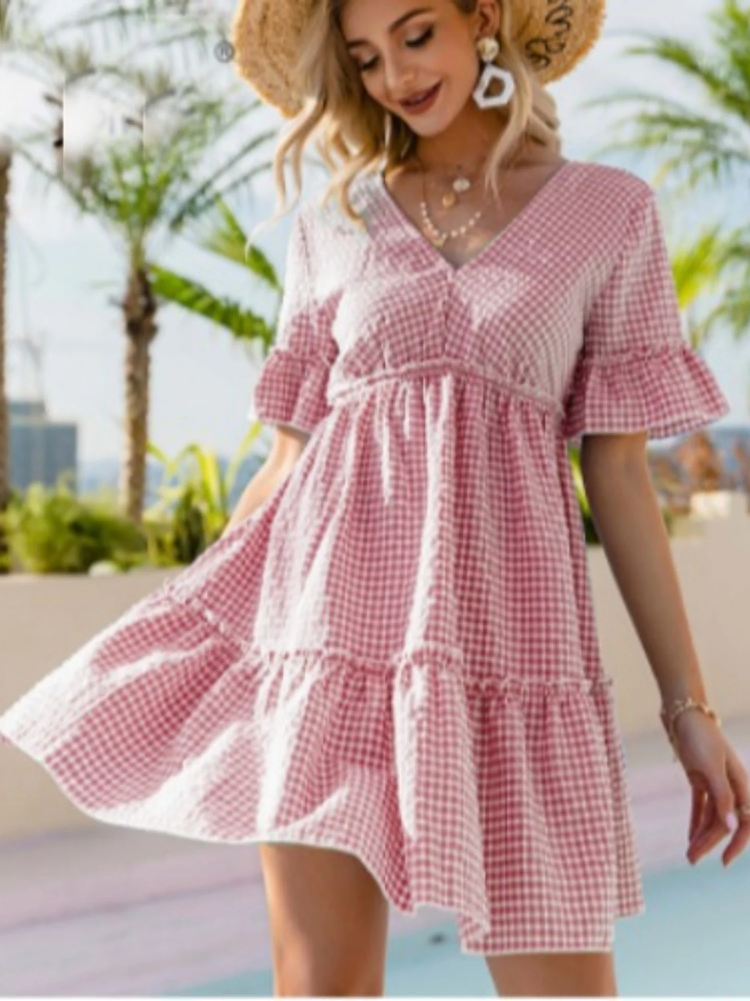 Plaid Ruffled Sleeves V-neck Tie Mini&Short Dresses - Image 5