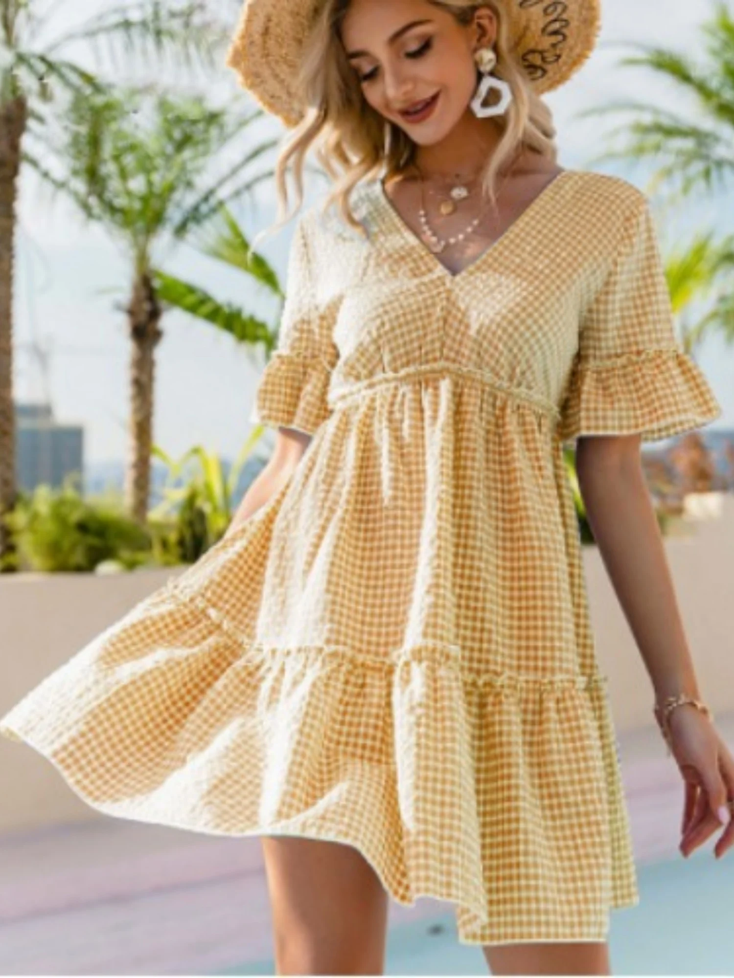 Plaid Ruffled Sleeves V-neck Tie Mini&Short Dresses - Image 6