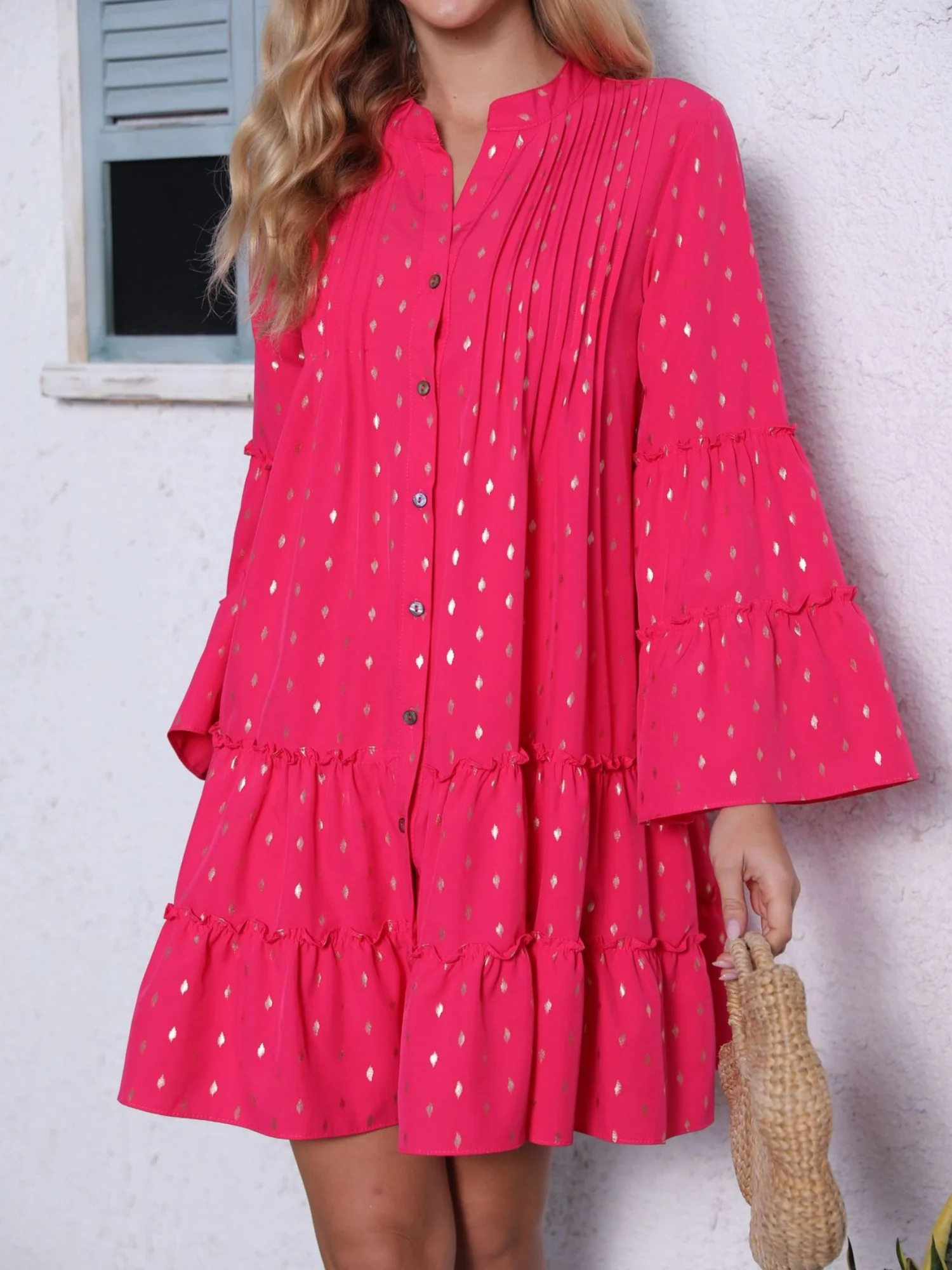 Hot Stamping Crimp  Flare Sleeve Buttons Mini&Short Dresses - Image 3