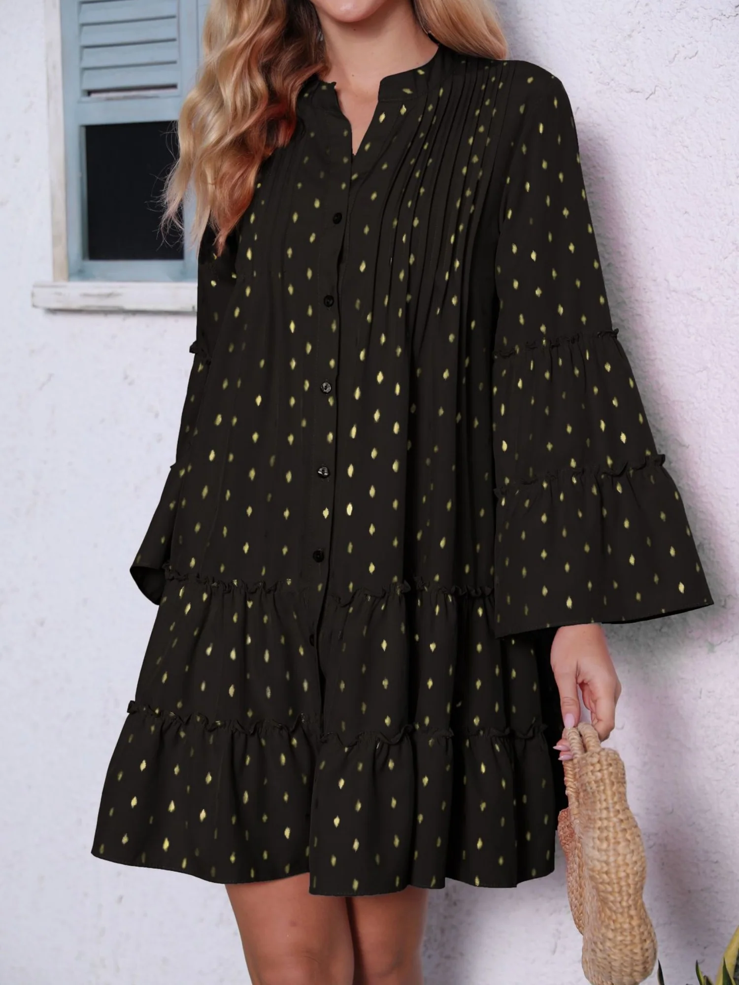 Hot Stamping Crimp  Flare Sleeve Buttons Mini&Short Dresses - Image 5