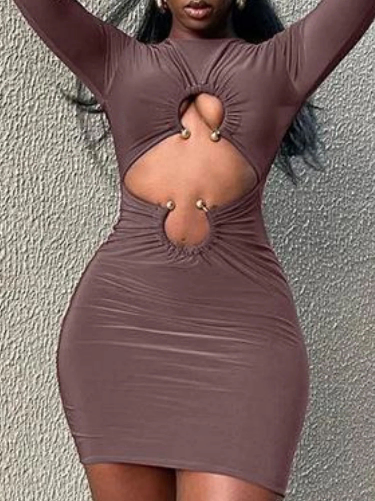 Hollow Out Metal Decoration Slim Fit Hip Body Long Sleeves Mini&Short Dresses - Image 3
