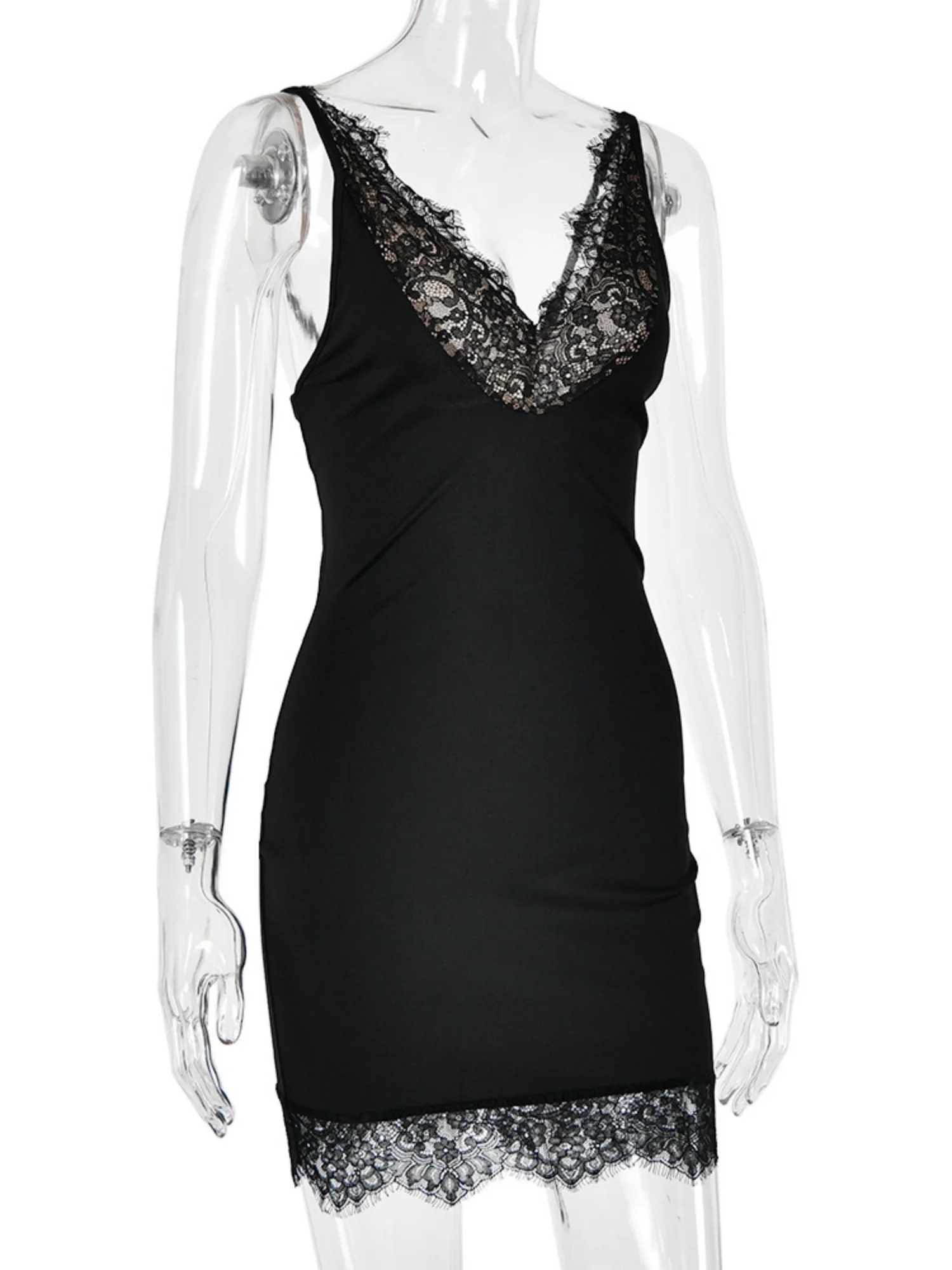 Lace Trim Deep V-neck Sleeveless Bodycon Mini&Short Dresses - Image 6
