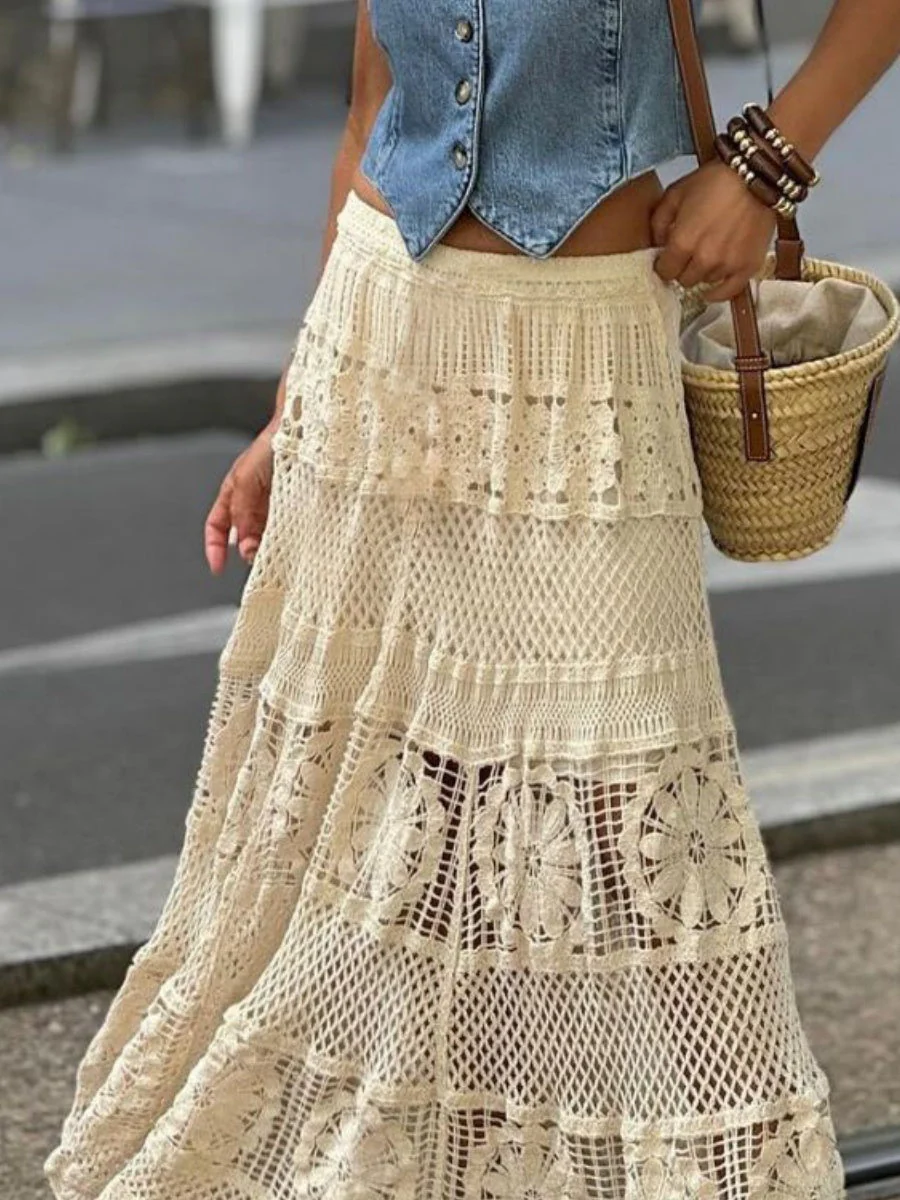 Lace Trim Hollow Geometric Patterns Skirts - Image 3