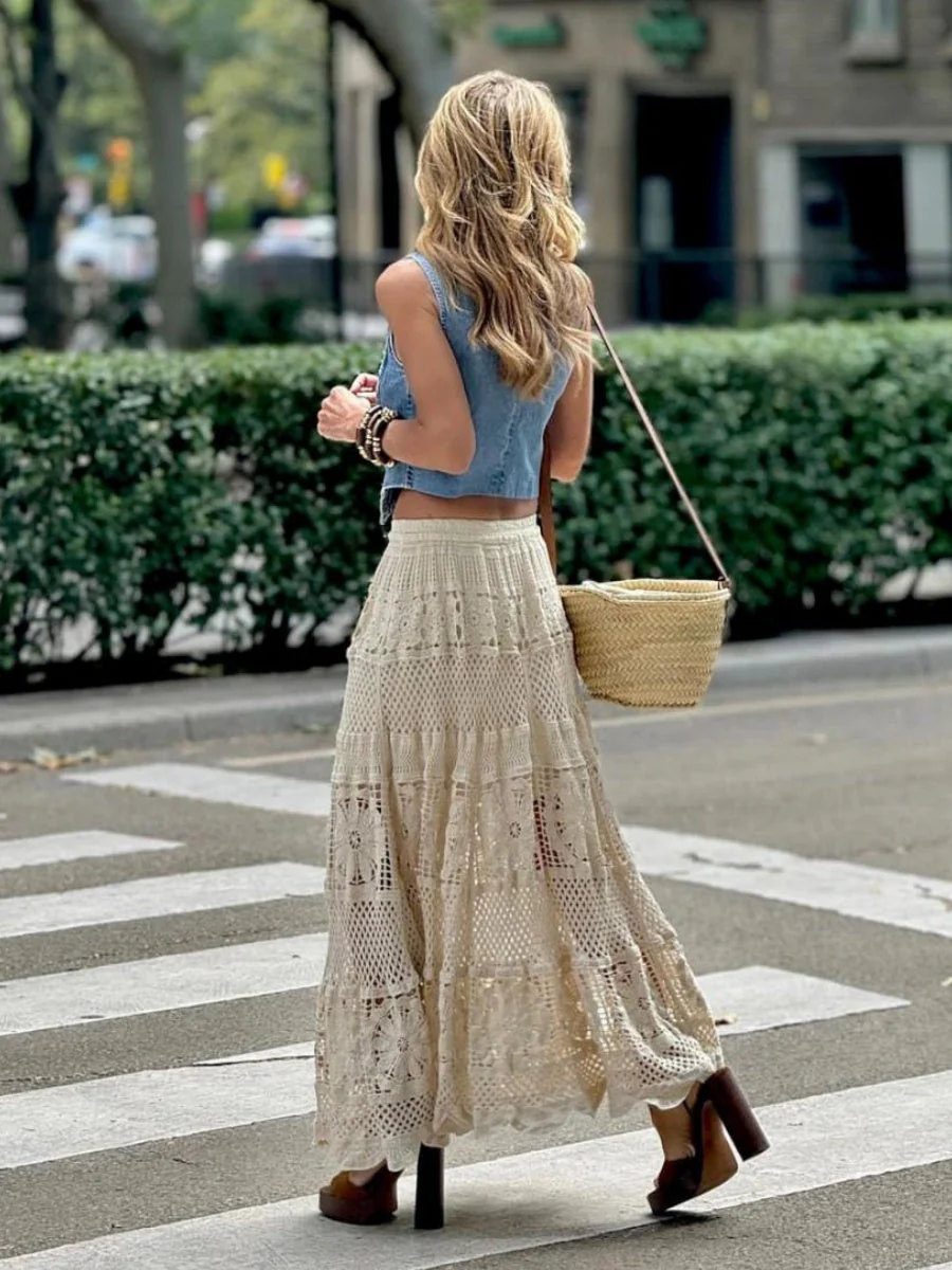 Lace Trim Hollow Geometric Patterns Skirts - Image 4