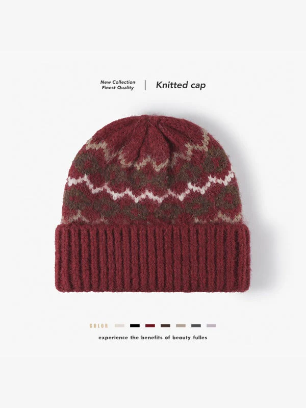 Striped Jacquard Cuffed Beanie, Thick-Knit Winter Hat, Thermal Fleece-Lined, One Size
