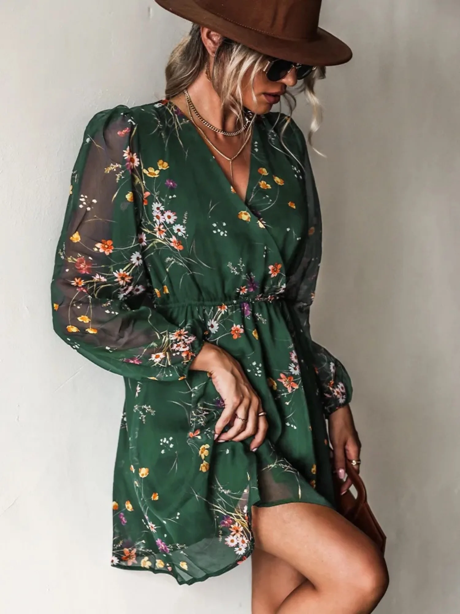 Printed Chiffon V-neck Sheer Long Sleeves Mini&Short Dresses - Image 3