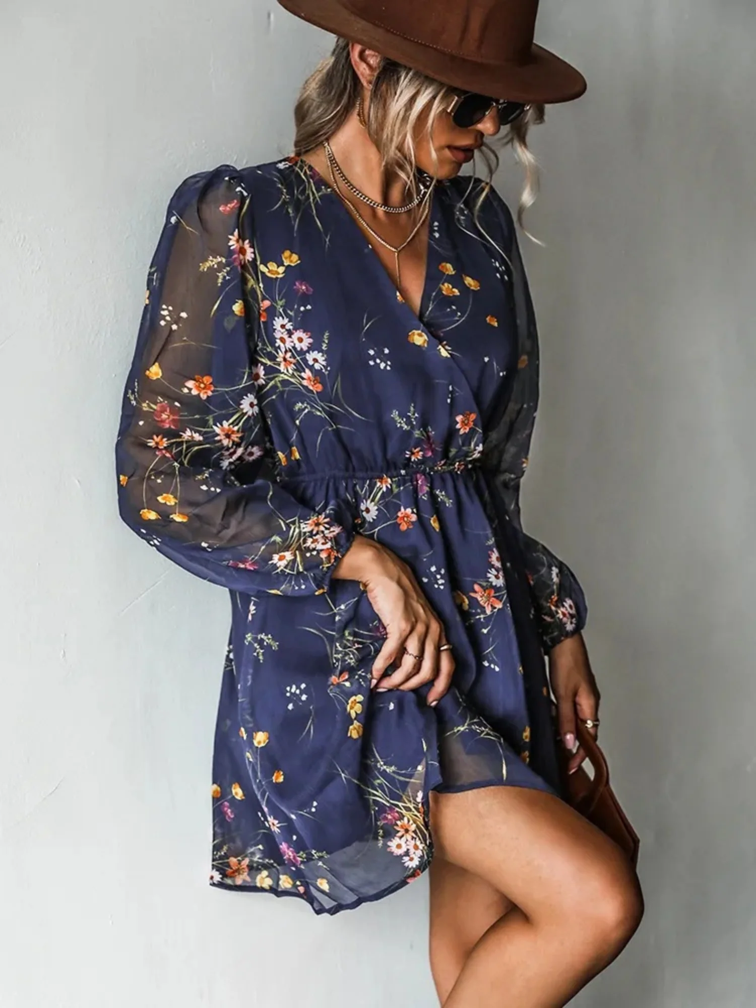 Printed Chiffon V-neck Sheer Long Sleeves Mini&Short Dresses - Image 7