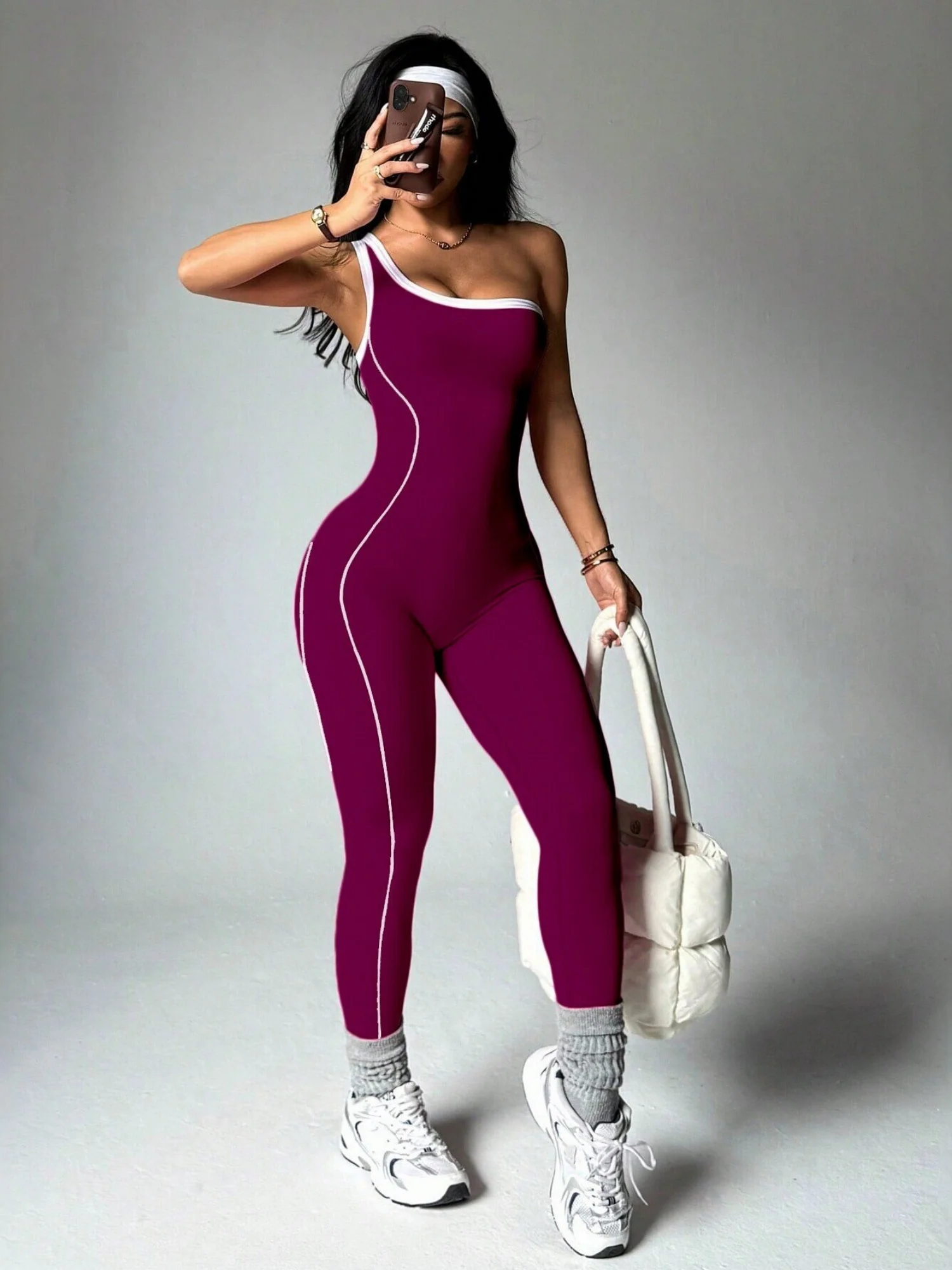 Color-blocked Stripes One Shoulder Exercise And Fitness Yoga Jumpsuits - Image 7