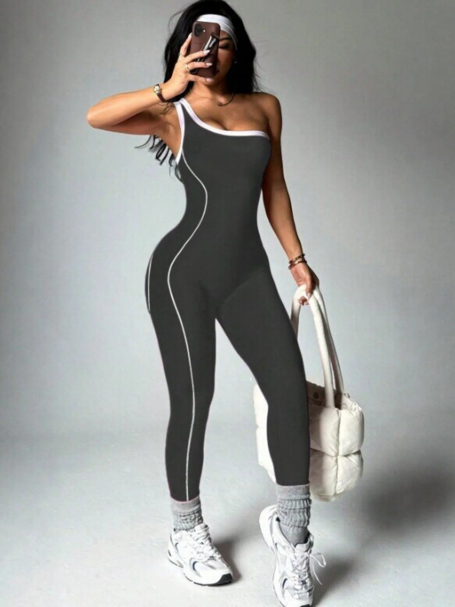 Color-blocked Stripes One Shoulder Exercise And Fitness Yoga Jumpsuits - Image 9