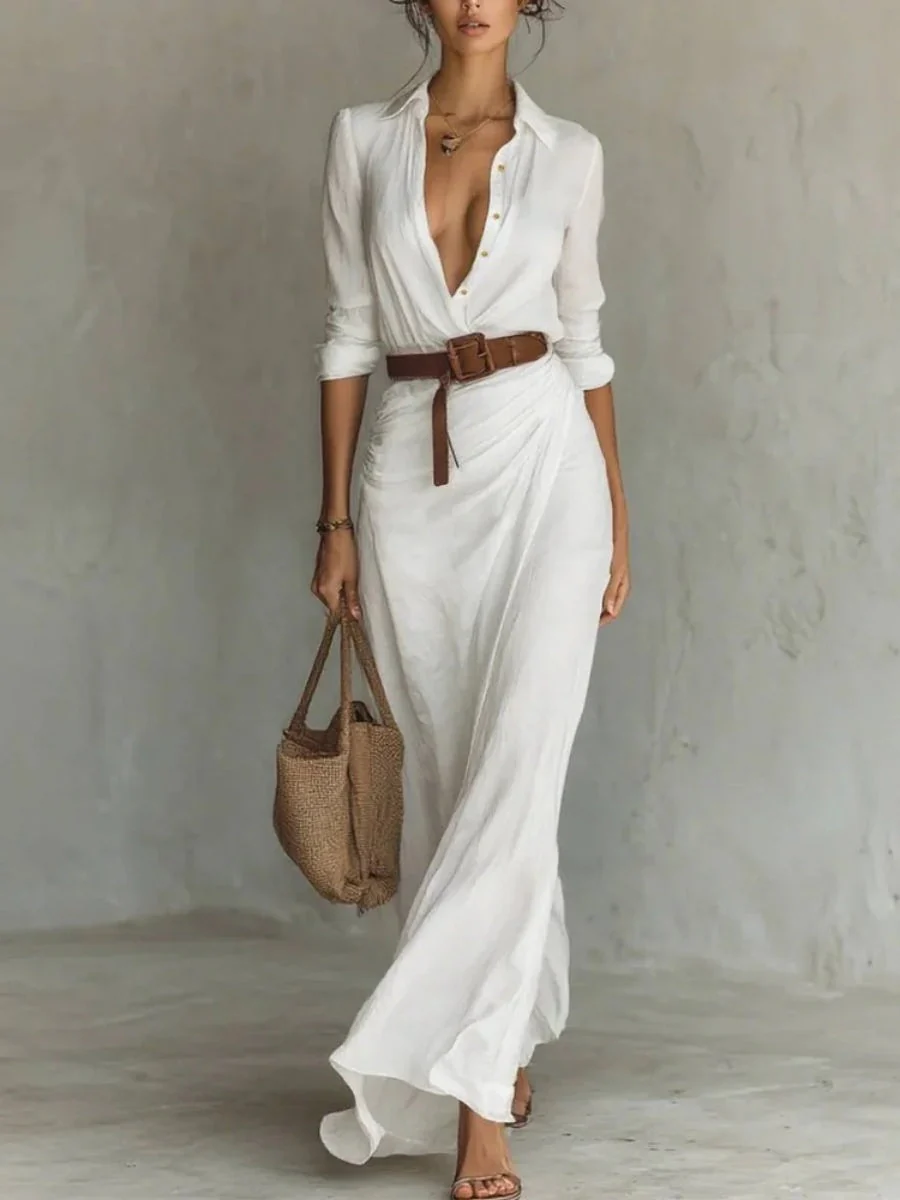 Solid Color Irregular Folds With Belt Maxi Dresses - Image 2