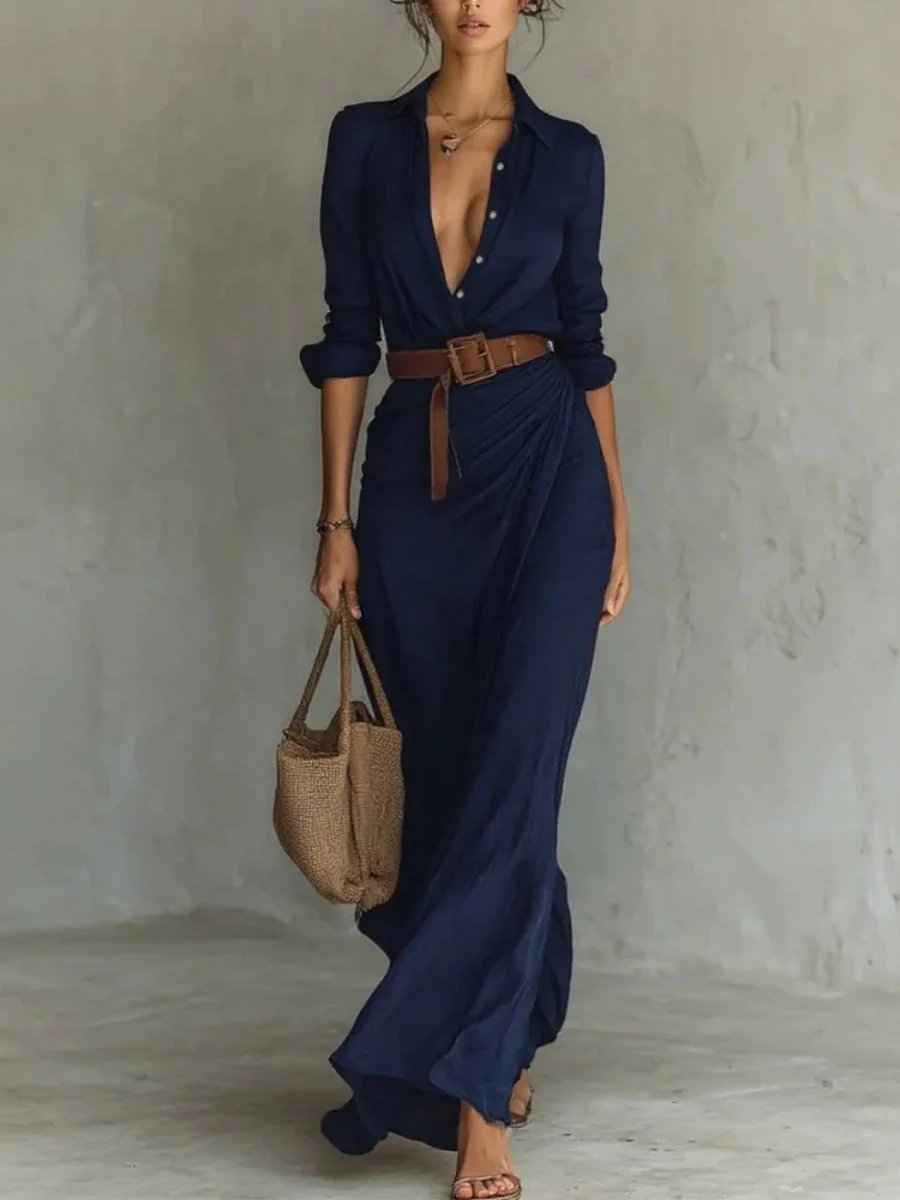 Solid Color Irregular Folds With Belt Maxi Dresses - Image 3