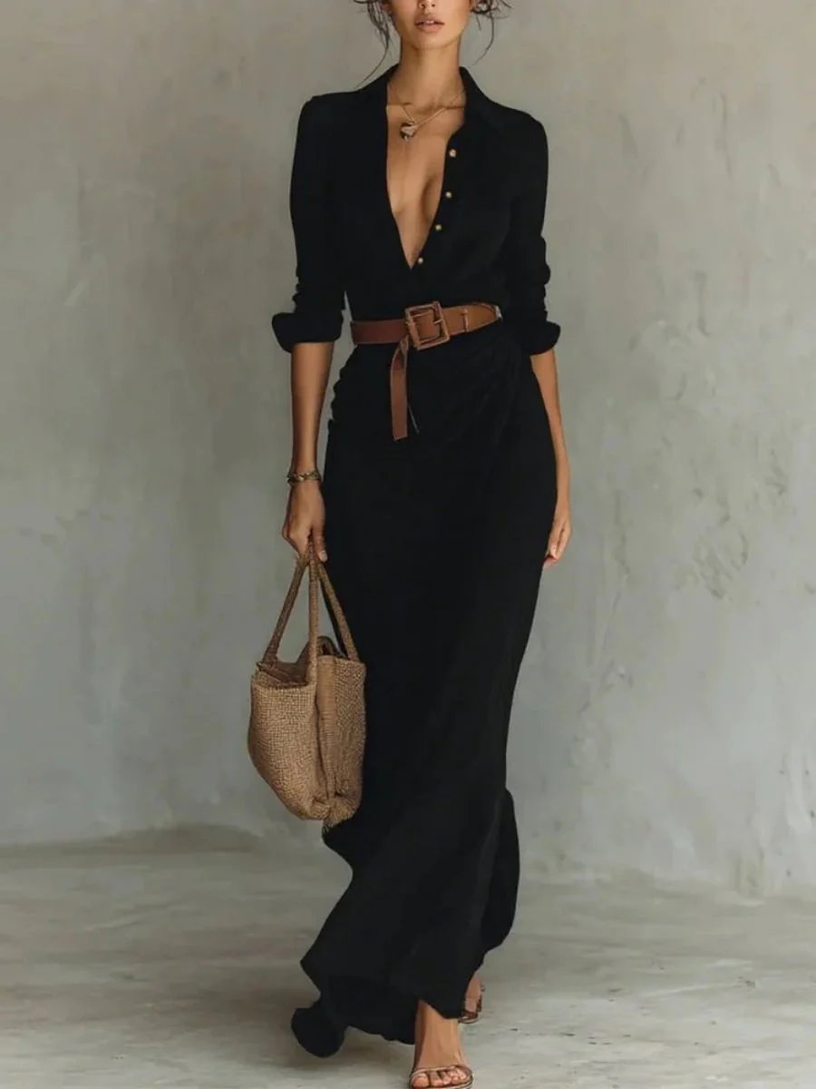 Solid Color Irregular Folds With Belt Maxi Dresses - Image 4