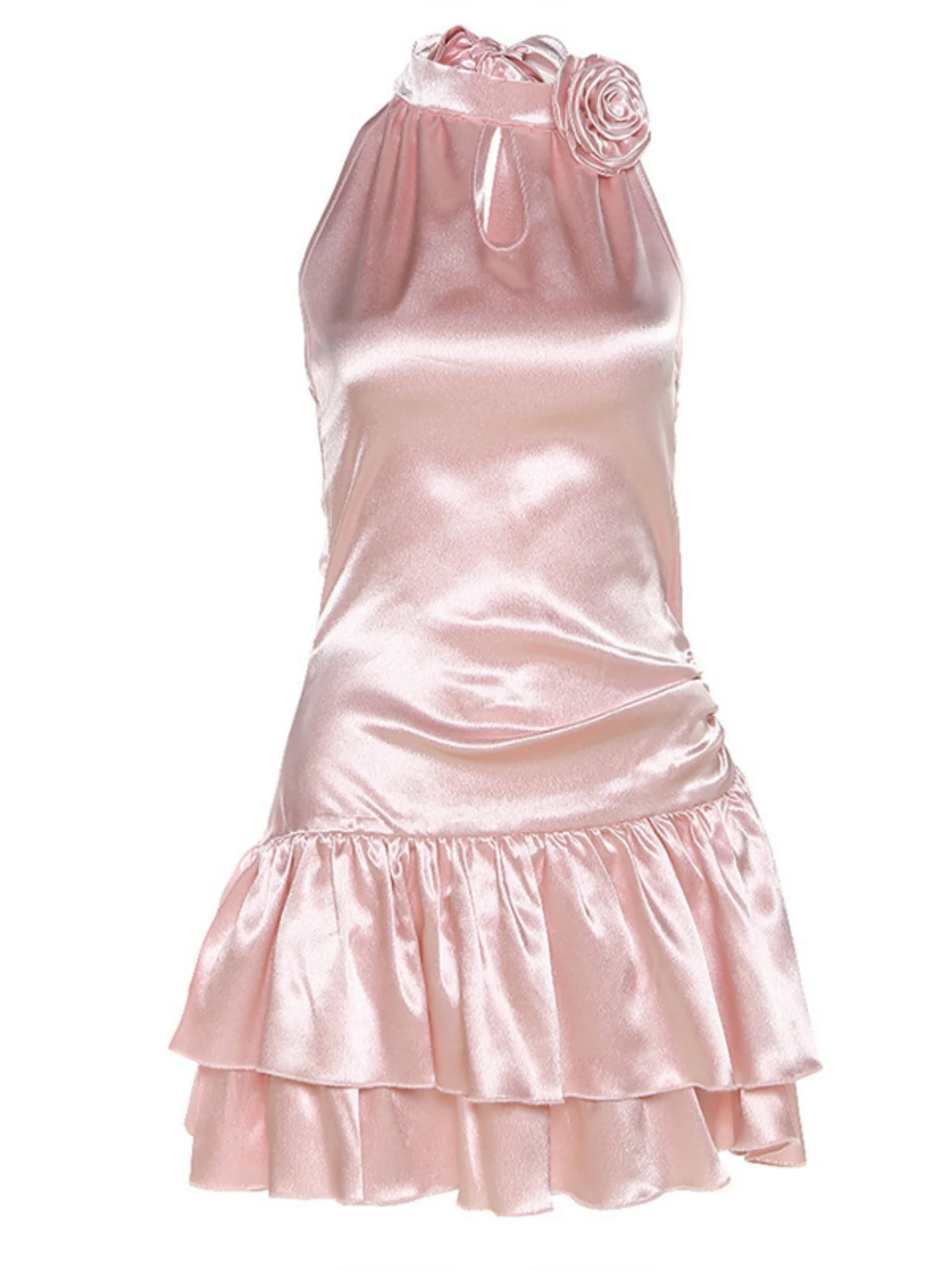 3D Flowers Glossy Hollow Out Halter-neck Sleeveless Mini&Short Dresses - Image 11