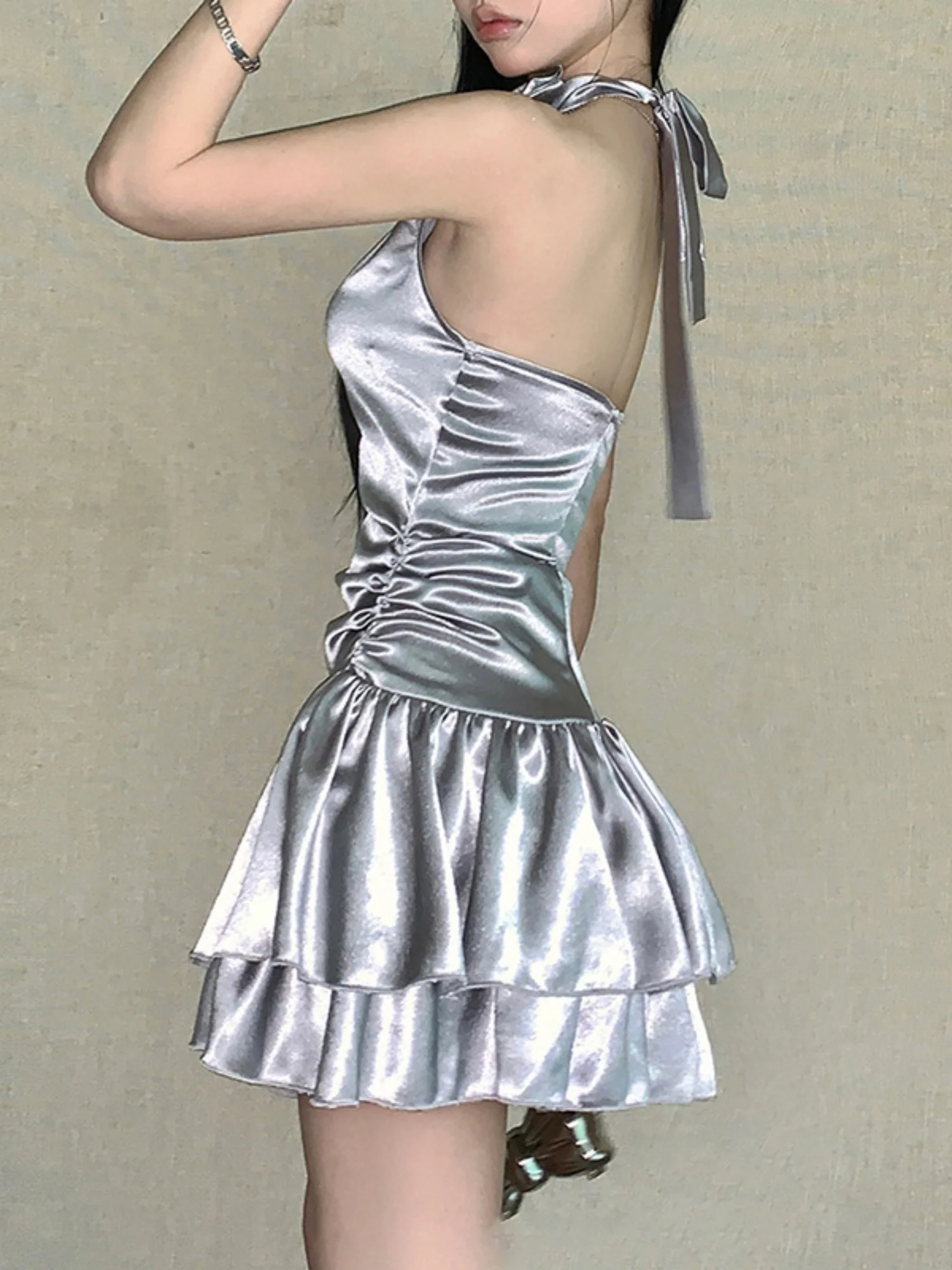 3D Flowers Glossy Hollow Out Halter-neck Sleeveless Mini&Short Dresses - Image 3