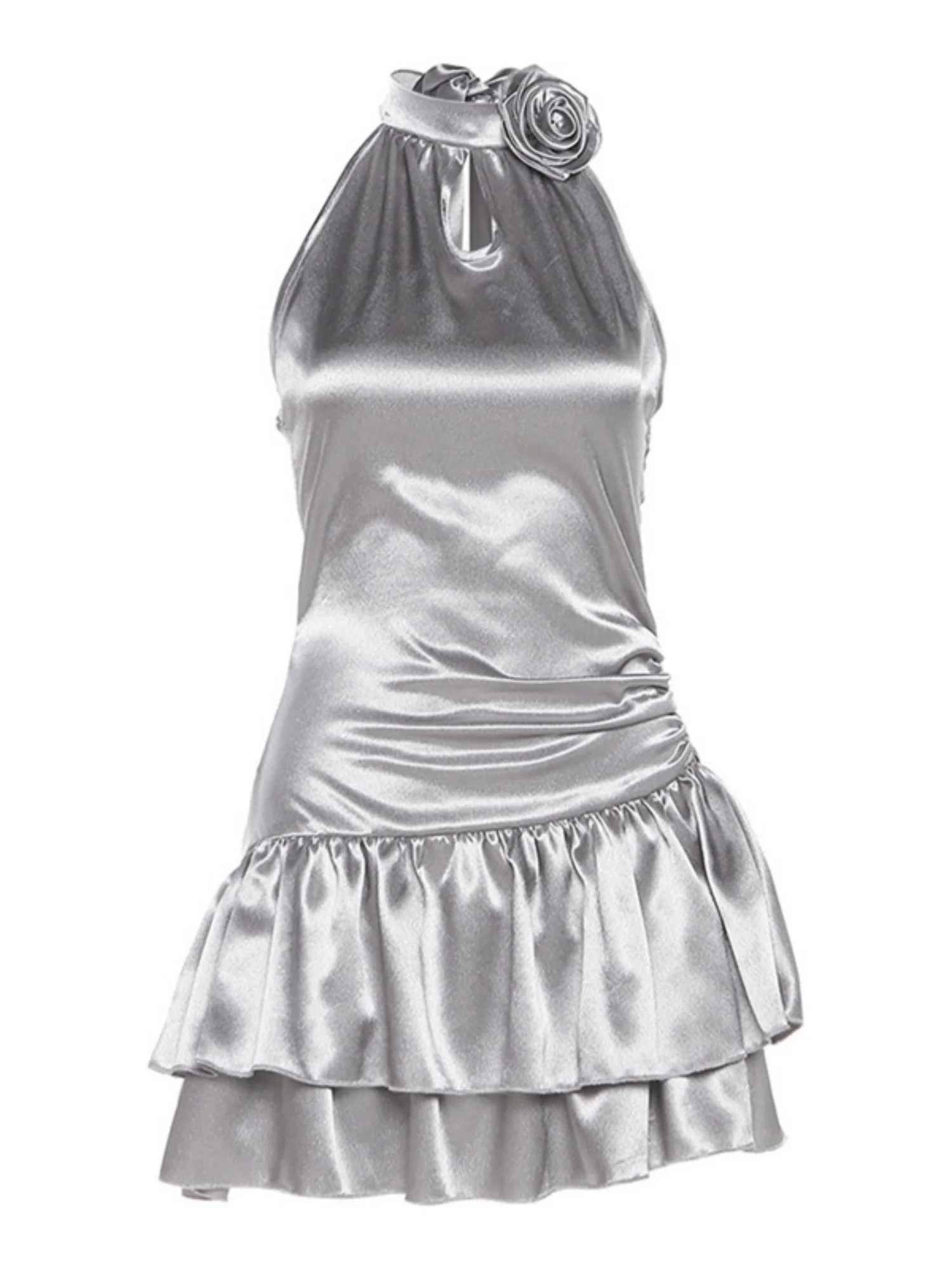3D Flowers Glossy Hollow Out Halter-neck Sleeveless Mini&Short Dresses - Image 6