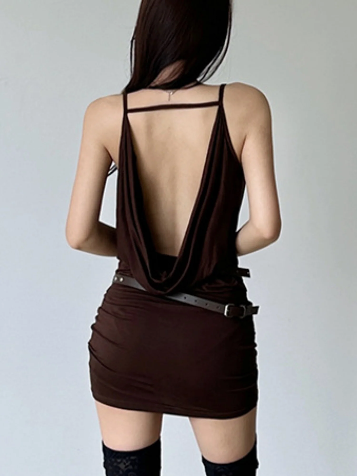 Silver Belt Decoration Pleated Backless Halter-neck Sleeveless Mini&Short Dresses - Image 2