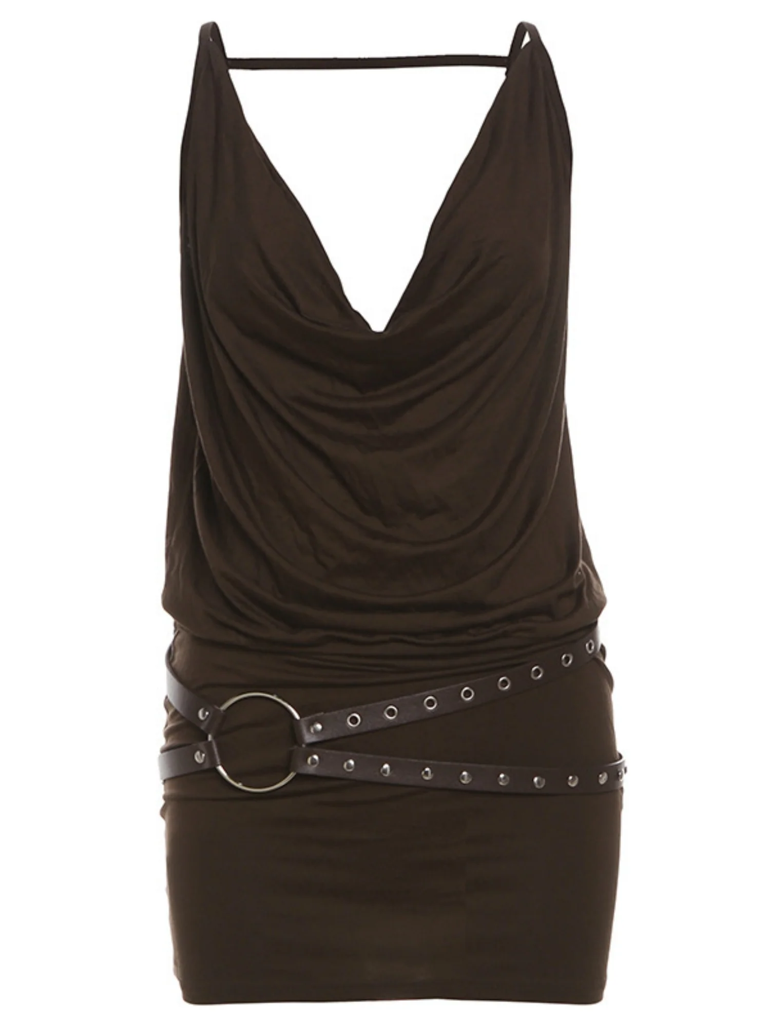 Silver Belt Decoration Pleated Backless Halter-neck Sleeveless Mini&Short Dresses - Image 5