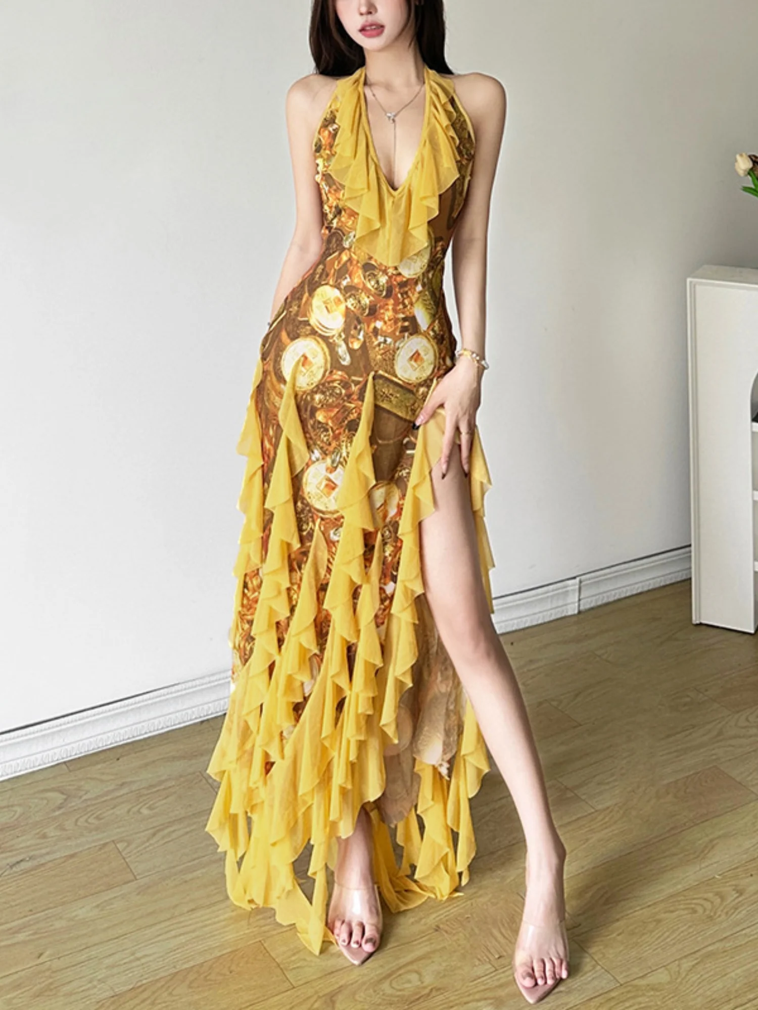 Printed Ruffle Deep V-neck Backless Maxi Dresses