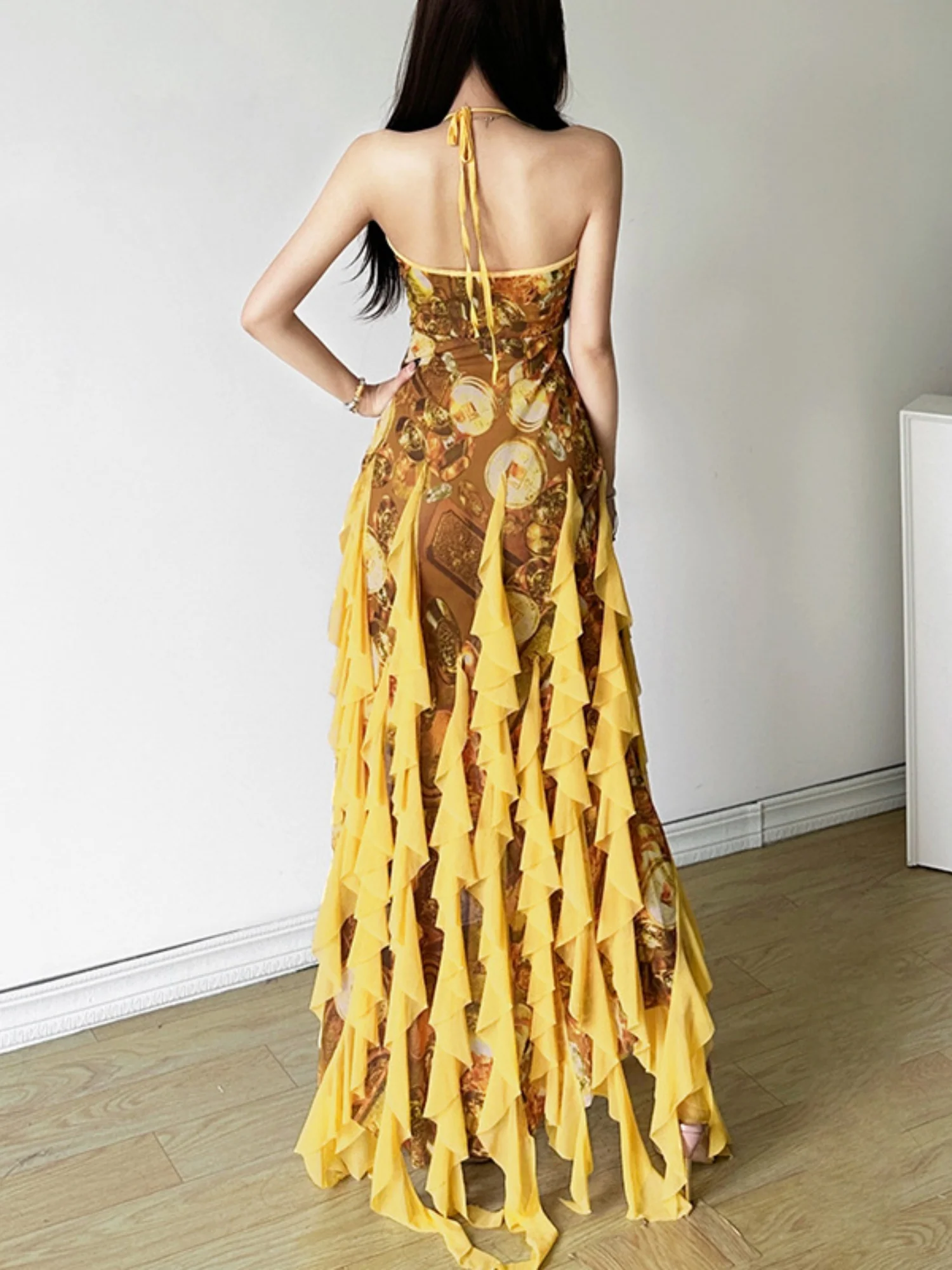 Printed Ruffle Deep V-neck Backless Maxi Dresses - Image 2
