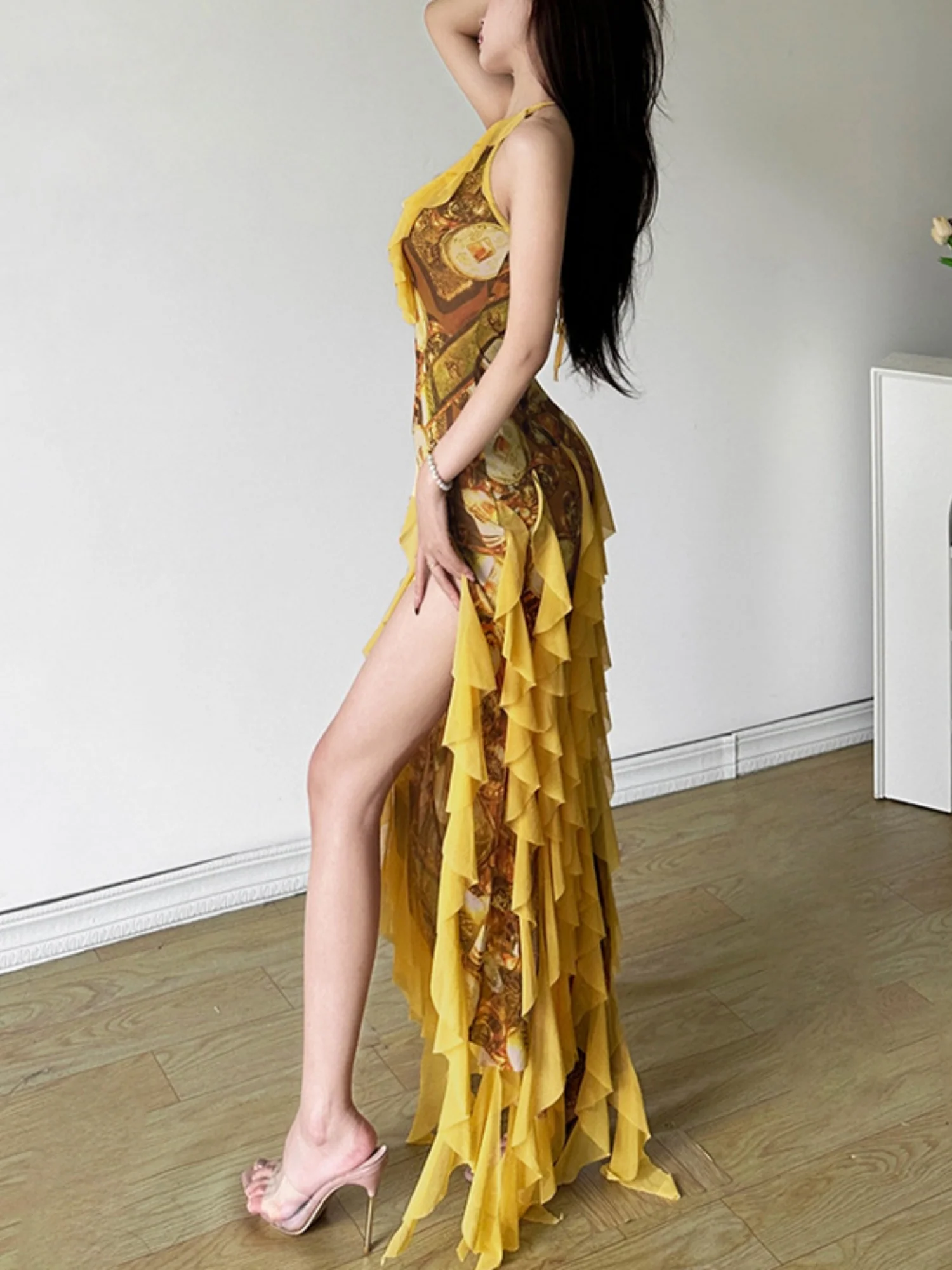 Printed Ruffle Deep V-neck Backless Maxi Dresses - Image 3