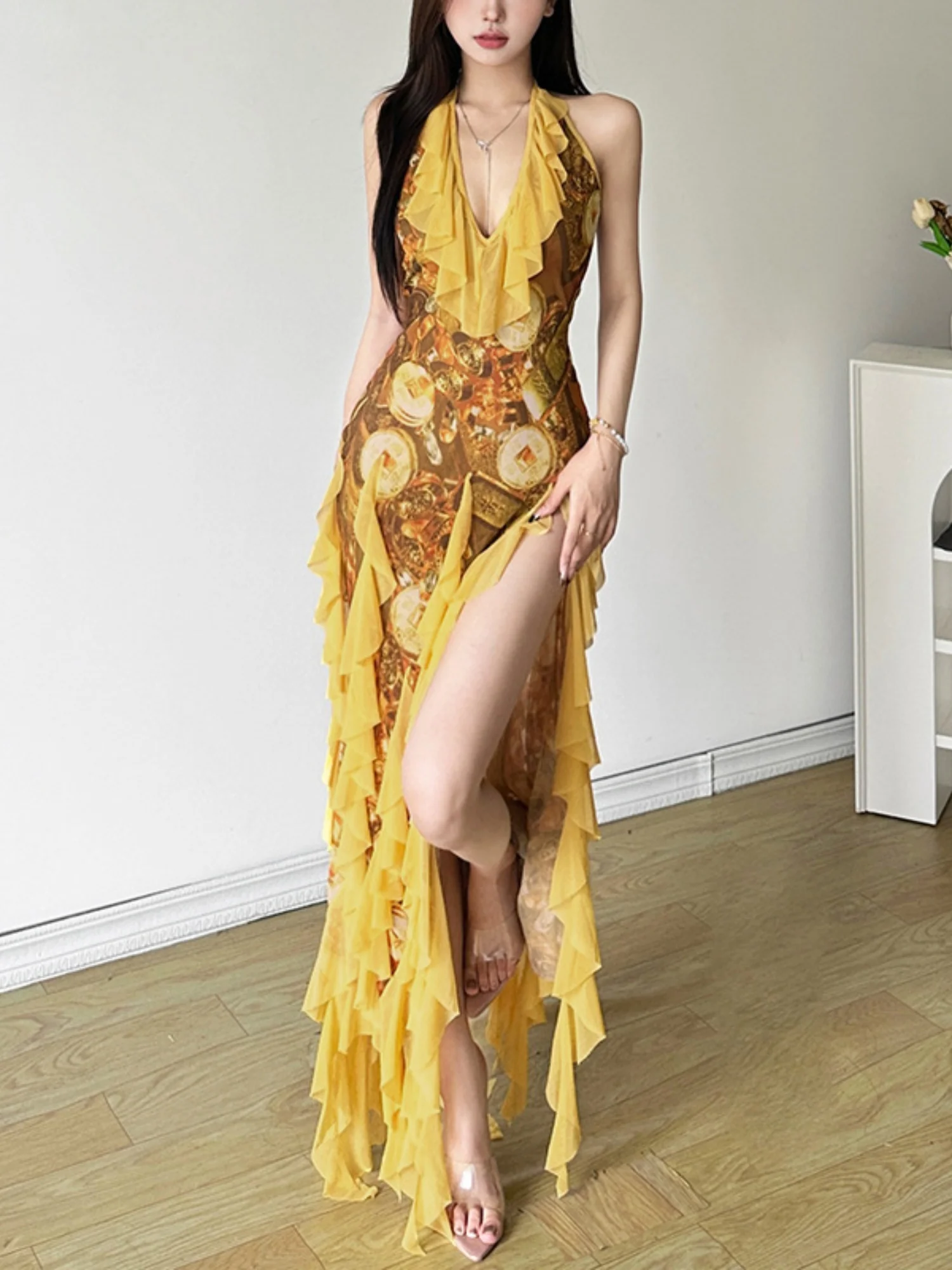 Printed Ruffle Deep V-neck Backless Maxi Dresses - Image 4