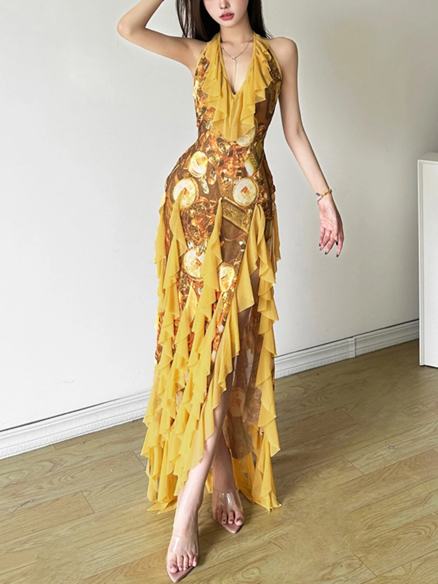Printed Ruffle Deep V-neck Backless Maxi Dresses - Image 5