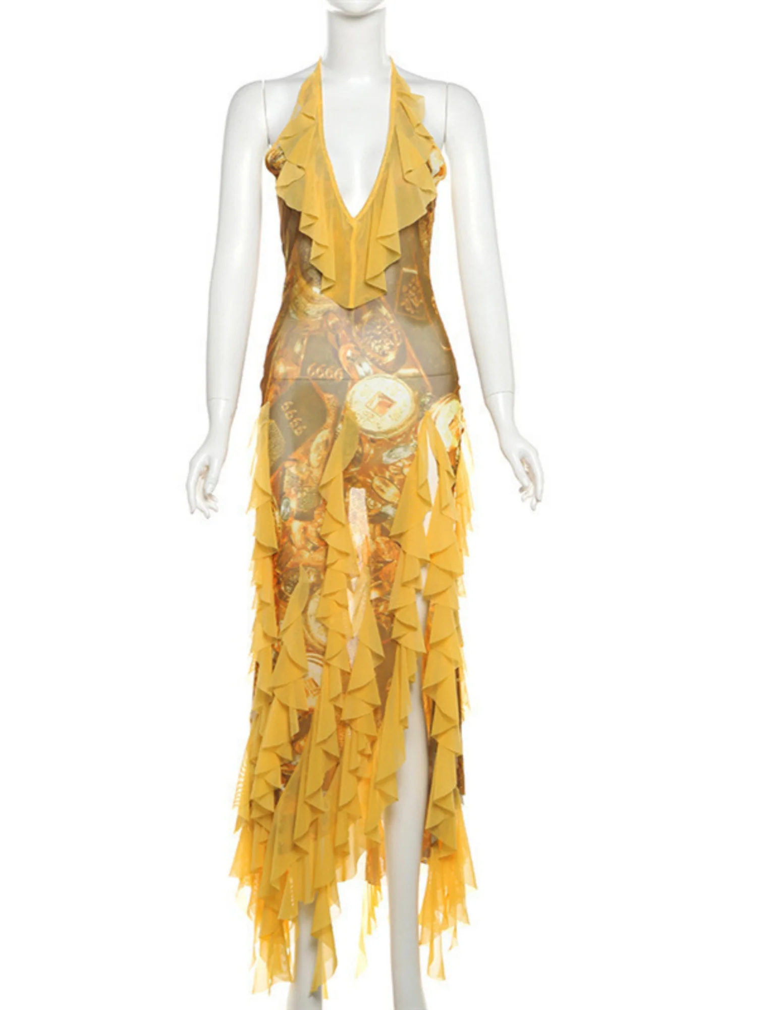 Printed Ruffle Deep V-neck Backless Maxi Dresses - Image 6