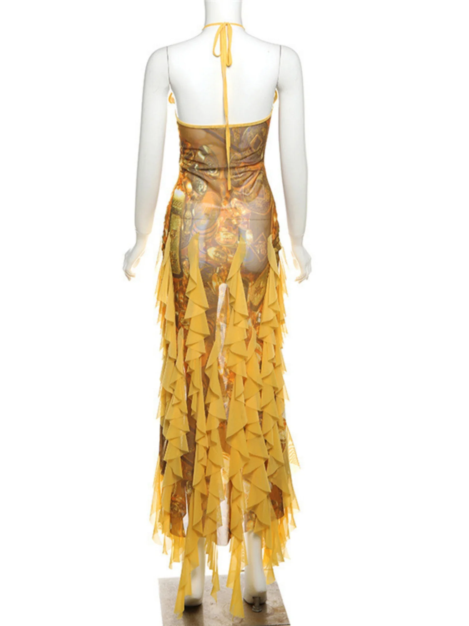 Printed Ruffle Deep V-neck Backless Maxi Dresses - Image 7
