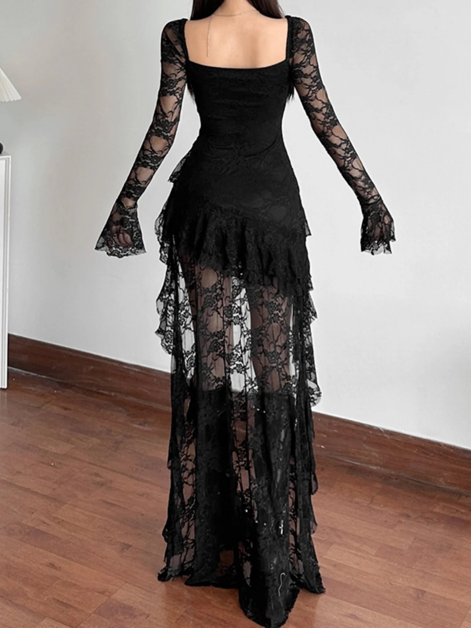 Lace Patchwork Perspective Irregular Hem Mini&Short Dresses - Image 2