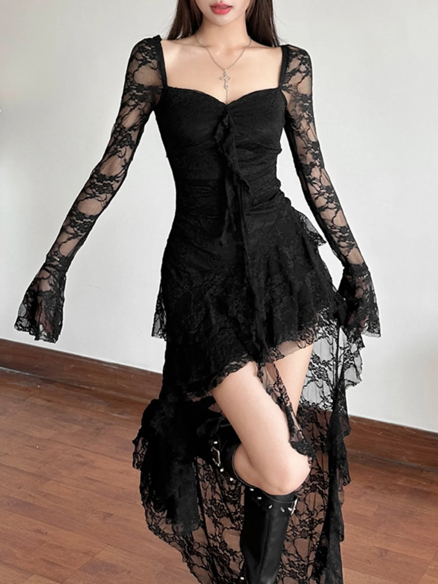 Lace Patchwork Perspective Irregular Hem Mini&Short Dresses - Image 4
