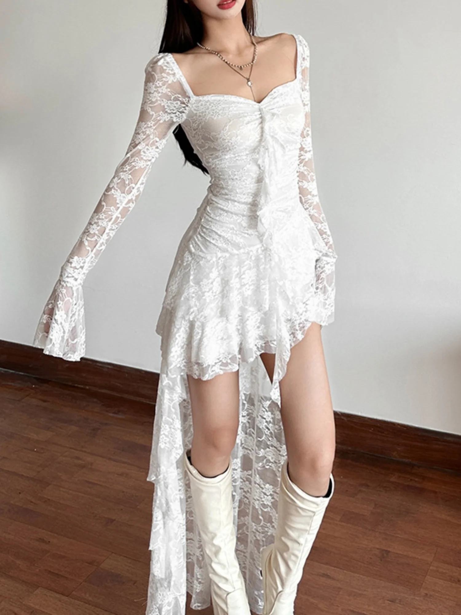 Lace Patchwork Perspective Irregular Hem Mini&Short Dresses - Image 7