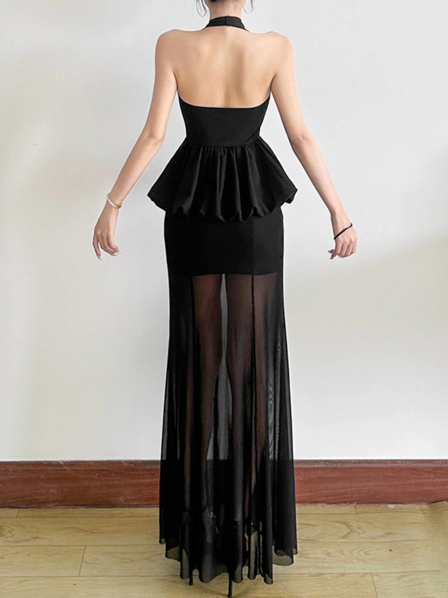 Mesh Splicing Perspective Neckband Ruffle Maxi Dresses - Image 2