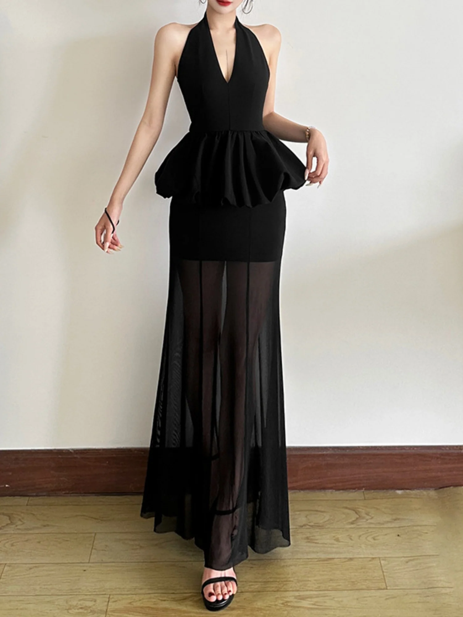 Mesh Splicing Perspective Neckband Ruffle Maxi Dresses - Image 5