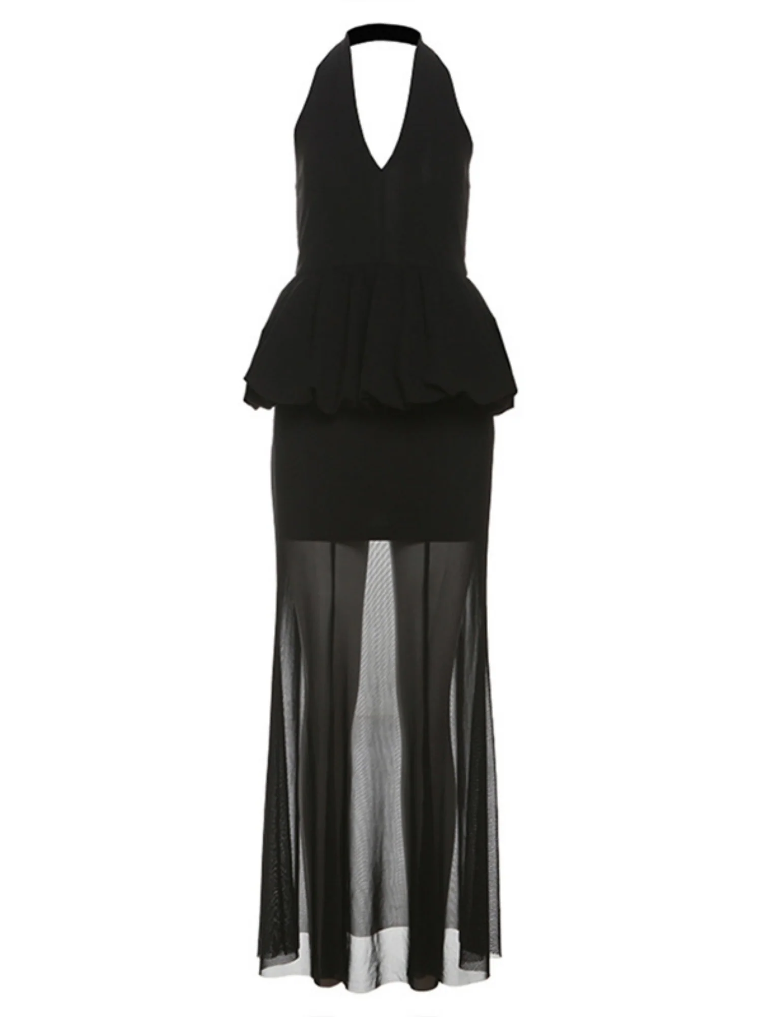 Mesh Splicing Perspective Neckband Ruffle Maxi Dresses - Image 6