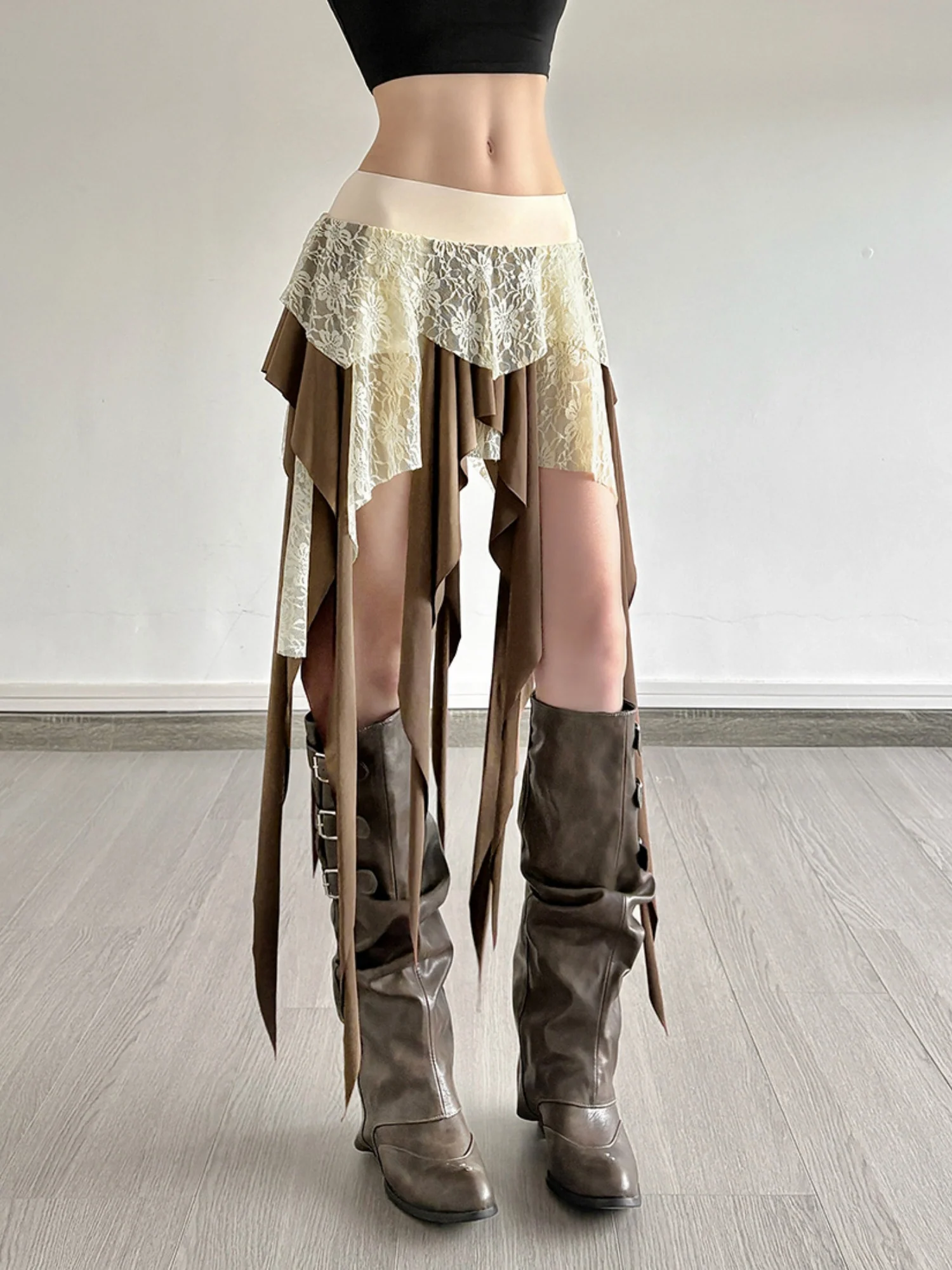 Lace Patchwork Irregular Tassels Color-blocked Short Skirt - Image 3