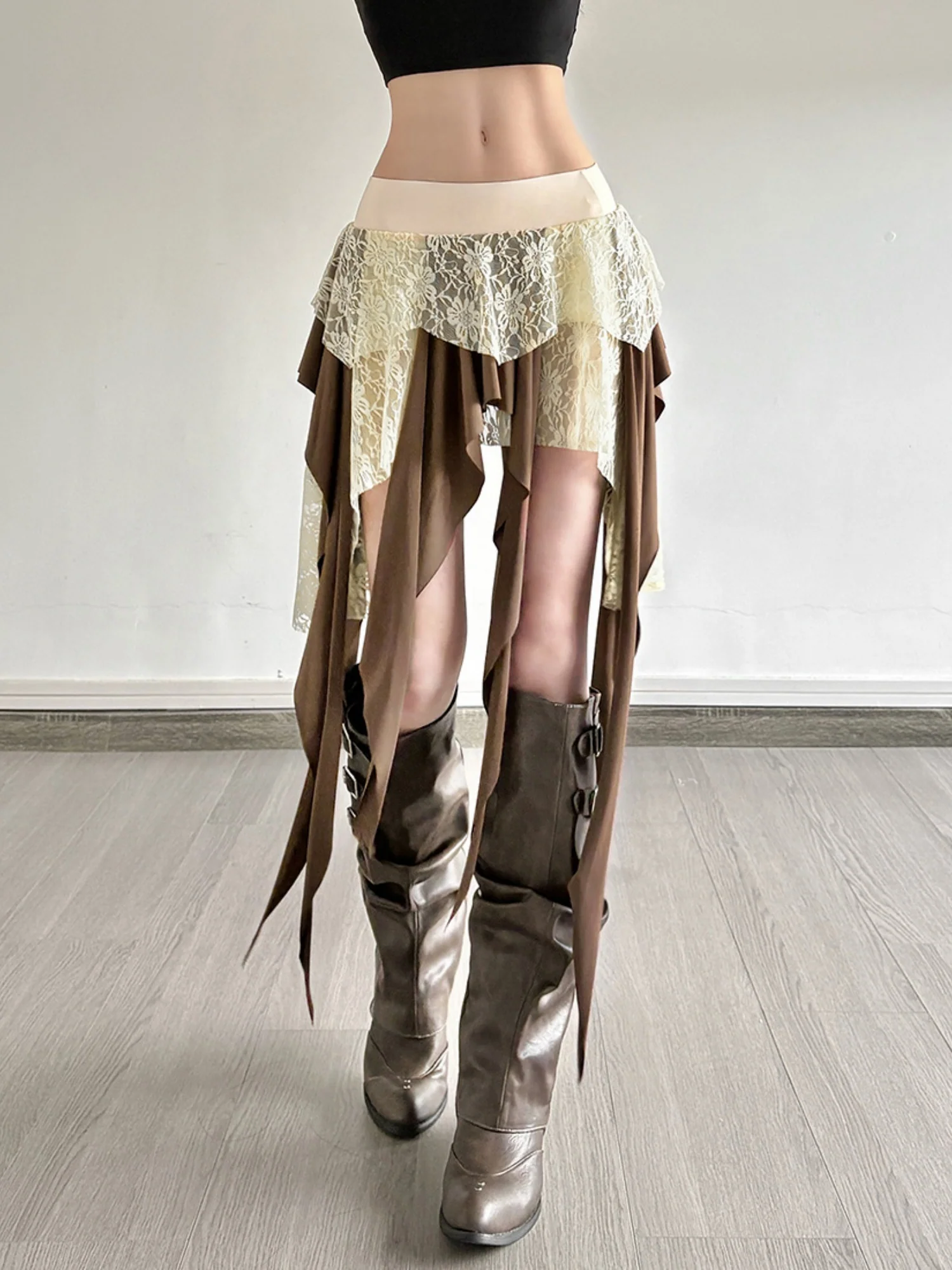 Lace Patchwork Irregular Tassels Color-blocked Short Skirt - Image 4