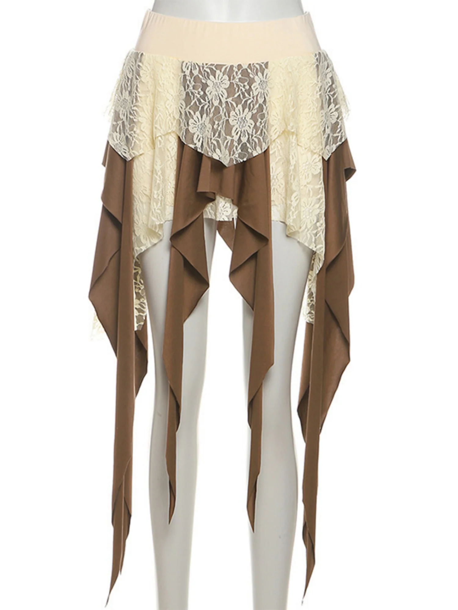 Lace Patchwork Irregular Tassels Color-blocked Short Skirt - Image 5