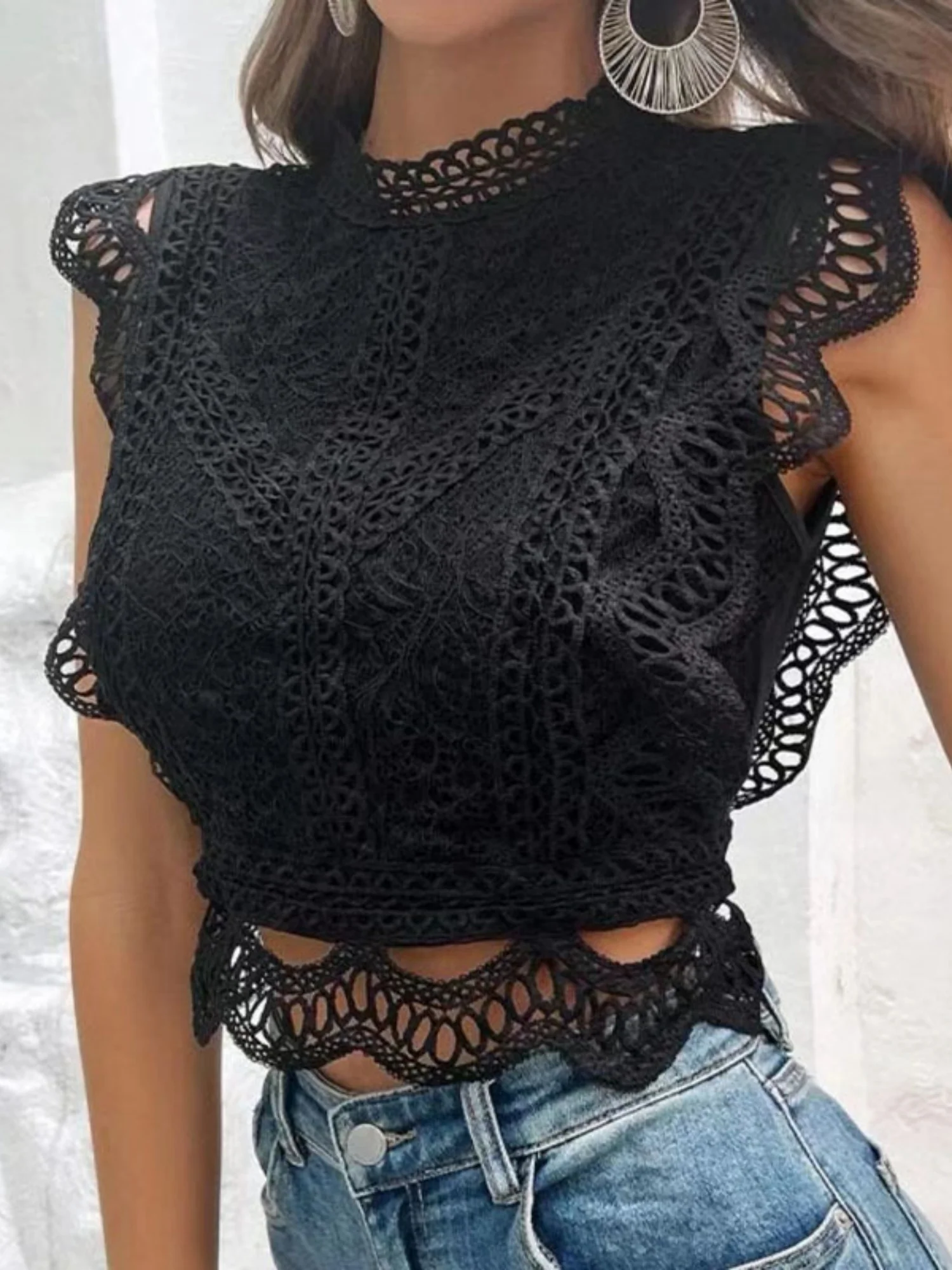 Lace Trim Hollow Out Splicing Flying Sleeves Tank Tops - Image 4