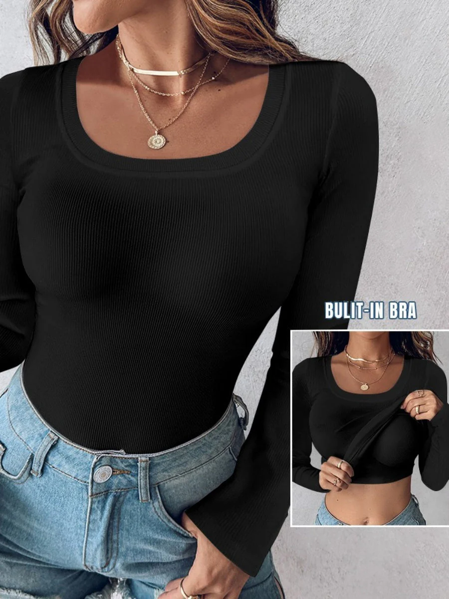 With Bra U-neck Thread Solid Color Long Sleeve T-shirts - Image 3