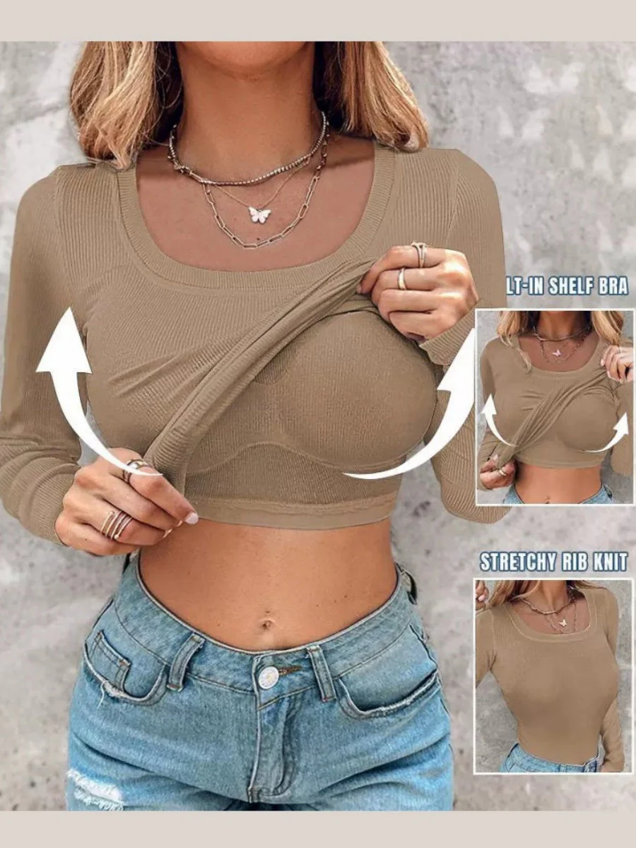 With Bra U-neck Thread Solid Color Long Sleeve T-shirts - Image 4