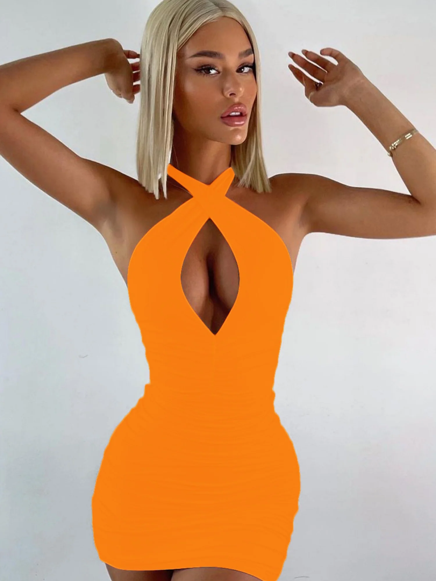 Pleated Halter Neck Crossover Slim Fit Hip Body Mini&Short Dresses - Image 7