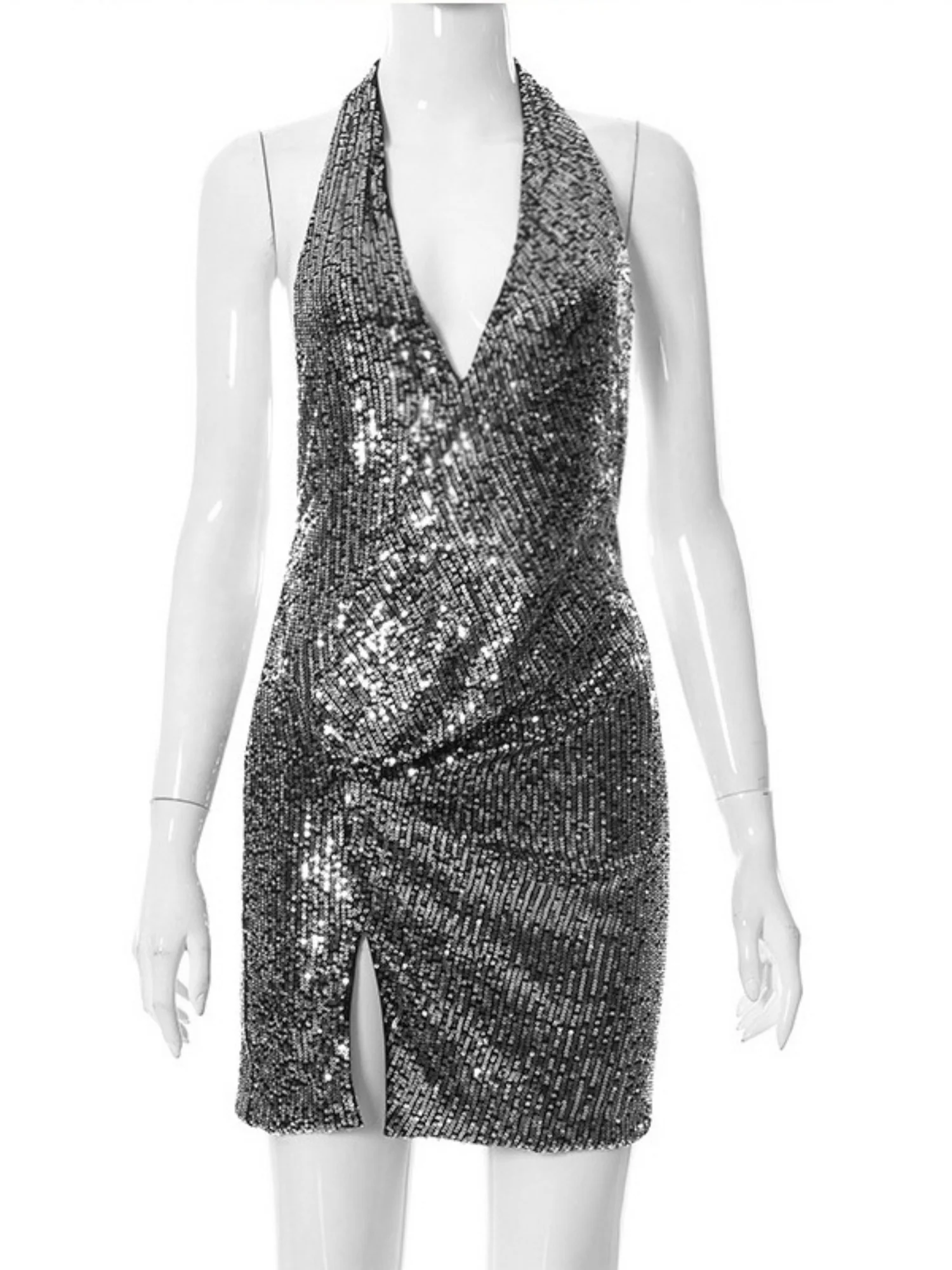 Sequins Deep V Halter Neck Backless Slit Pleats Mini&Short Dresses - Image 7