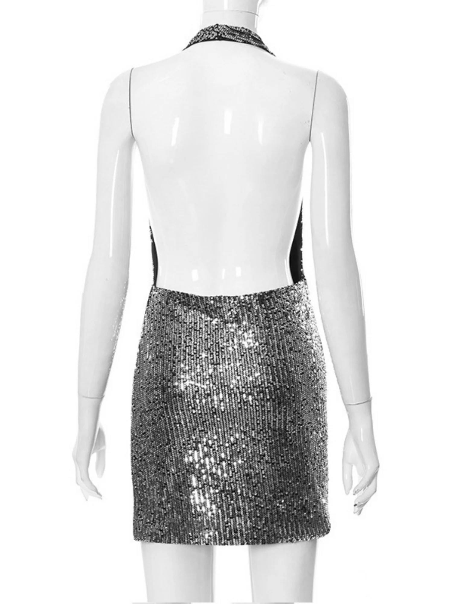 Sequins Deep V Halter Neck Backless Slit Pleats Mini&Short Dresses - Image 8