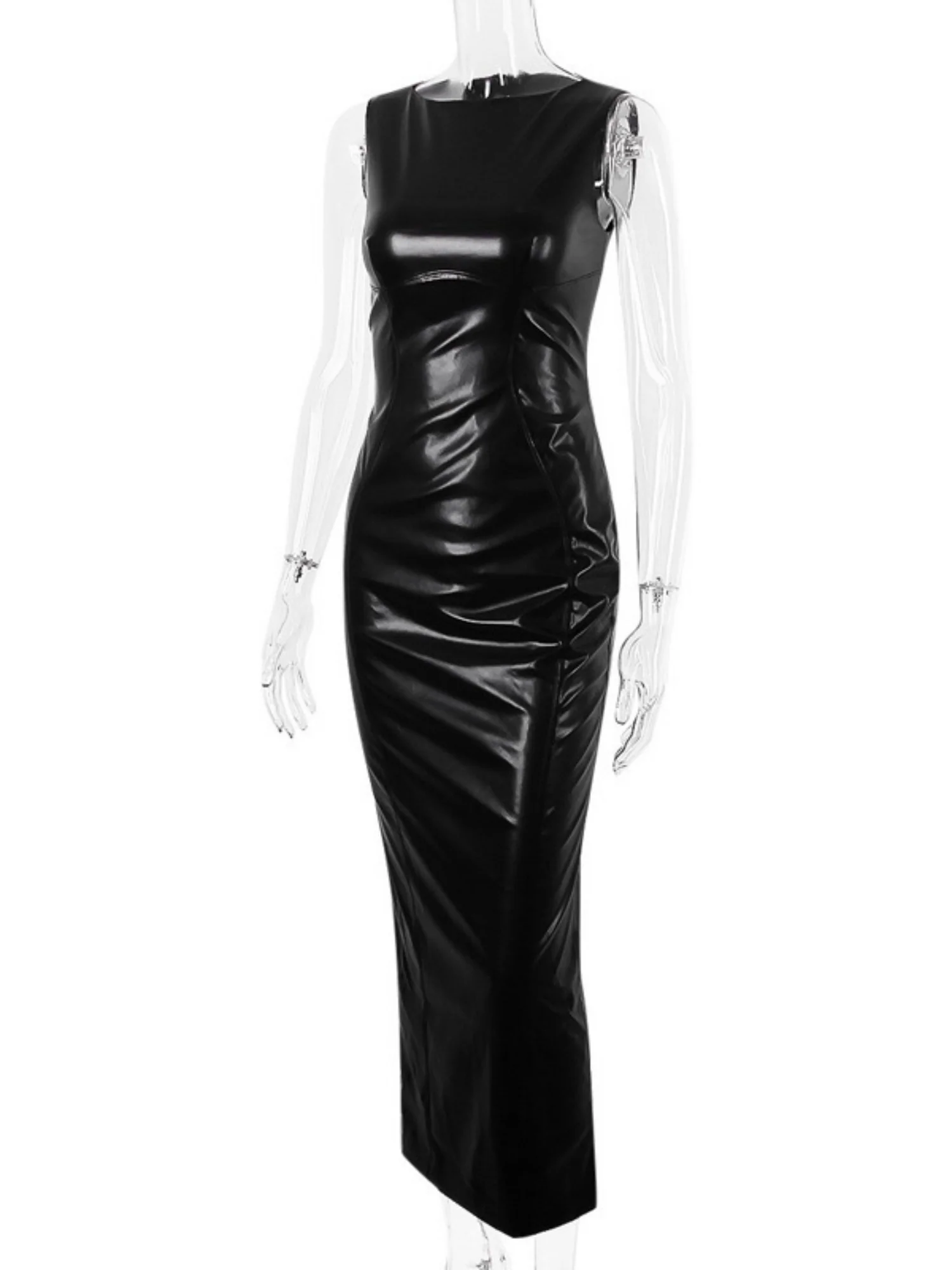 PU Leather Slit Sleeveless Maxi Dresses - Image 4