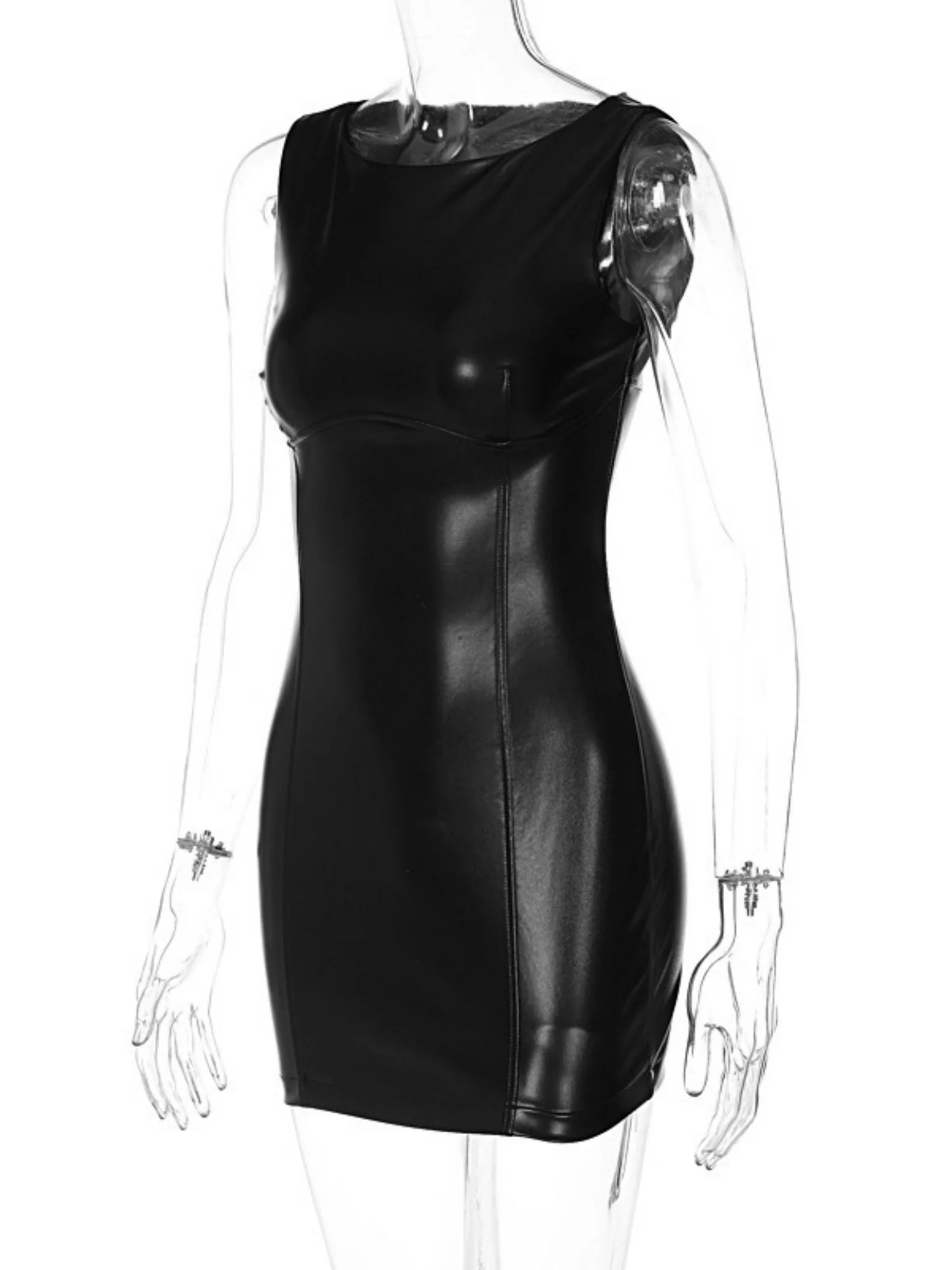 PU Leather Slim Fit Hip Body Sleeveless Mini&Short Dresses - Image 4