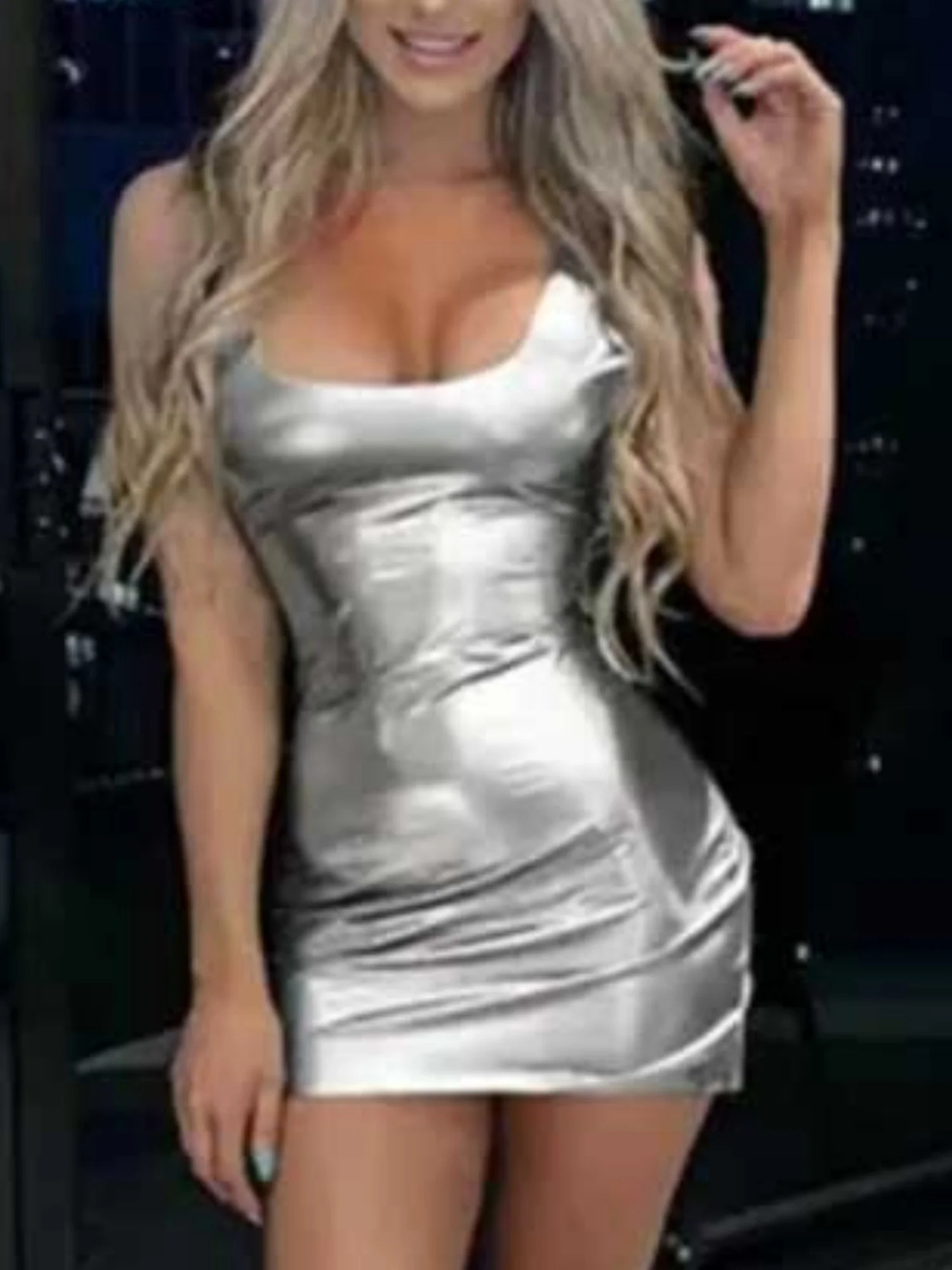Metallic Gloss Spaghetti Strap Bodycon Mini&Short Dresses - Image 3